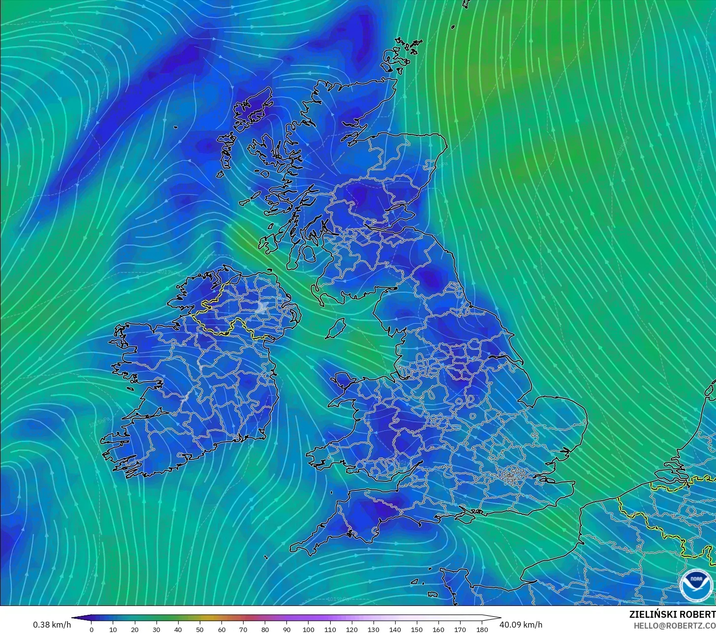 GFS モデル - イギリス, 風速（10m）