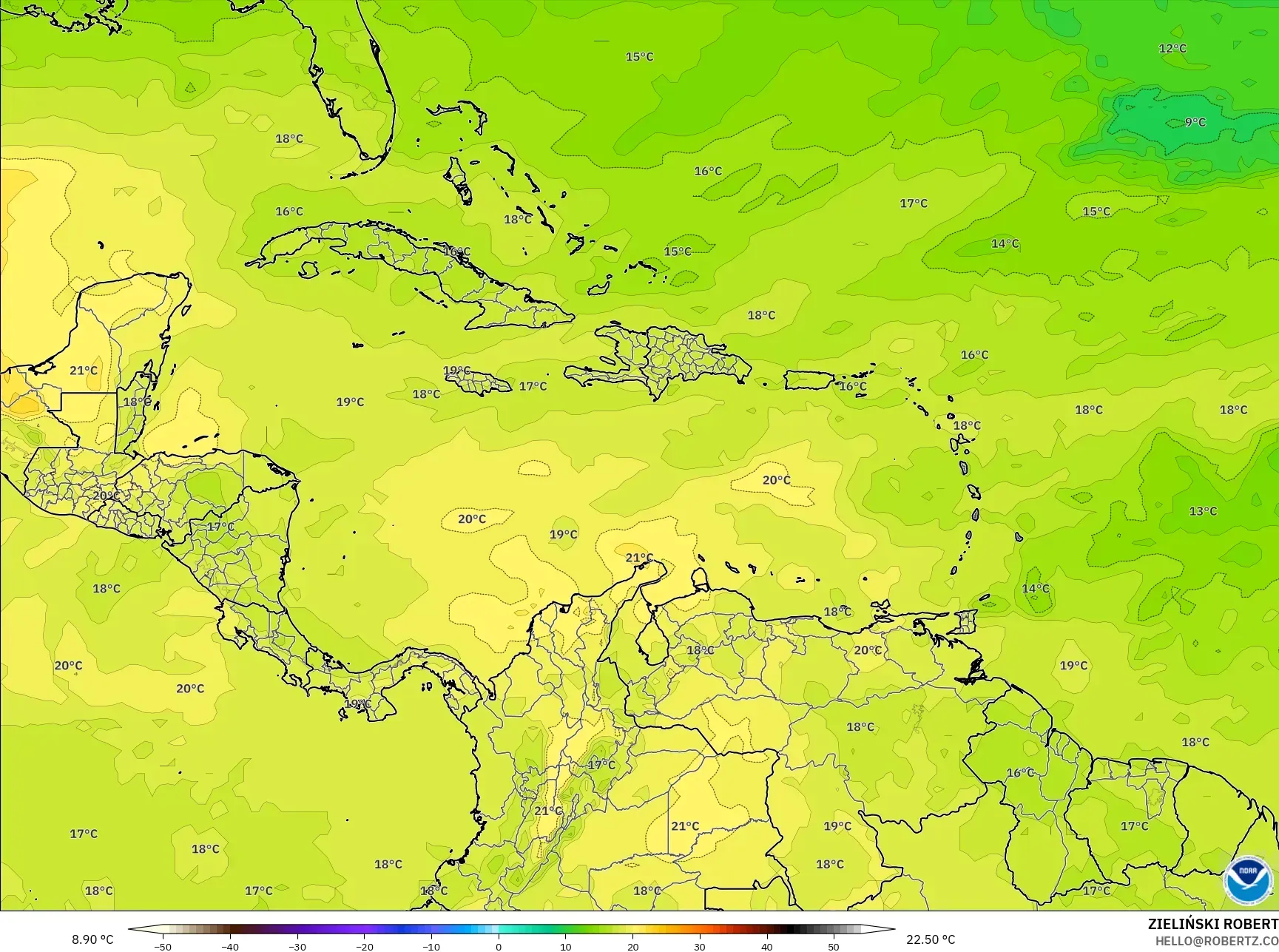 GFS モデル - カリブ海, 気温（850hPa）