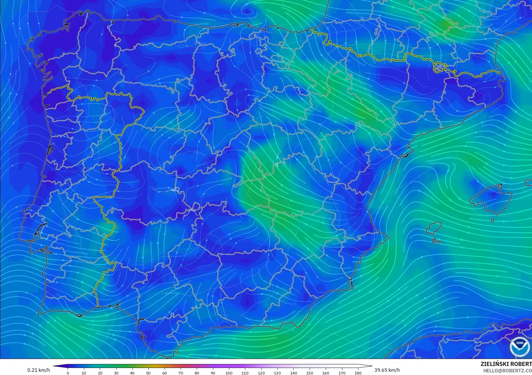 GFS モデル - スペイン, 風速（10m）