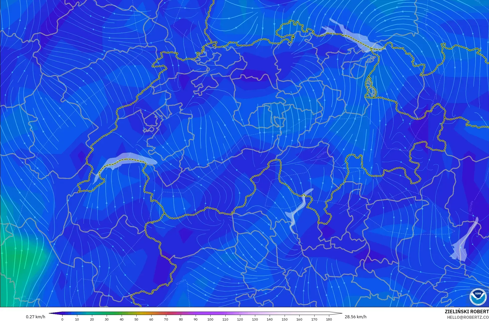 GFS モデル - スイス, 風速（10m）