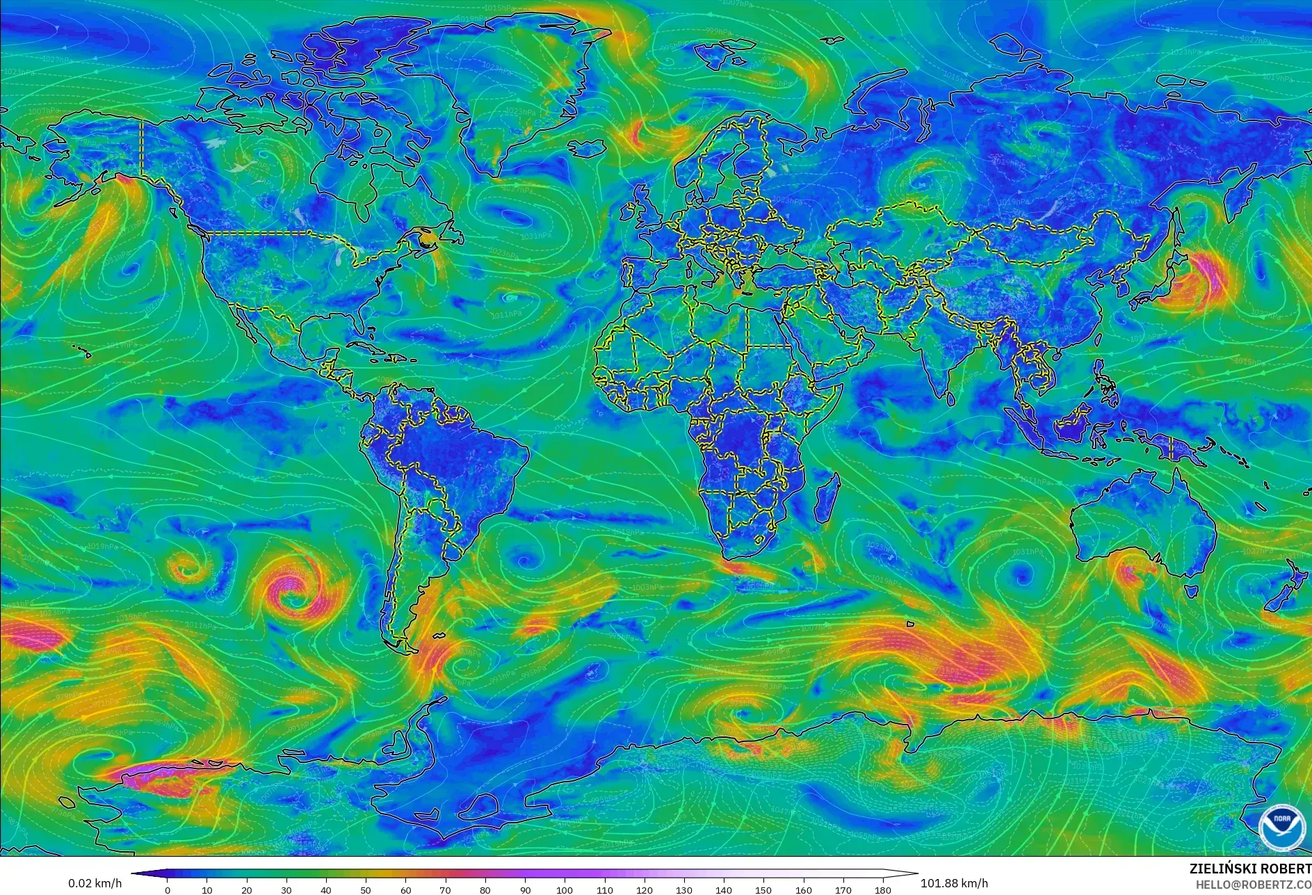 GFS モデル - 世界, 風速（10m）