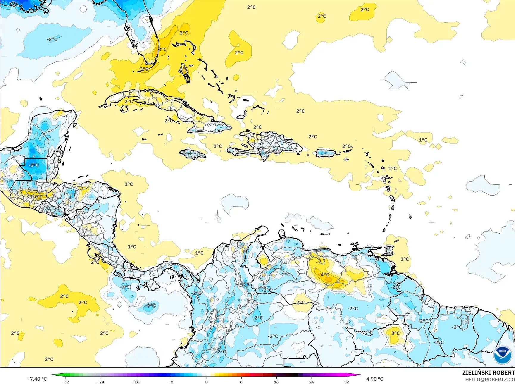 GFS モデル - カリブ海, 気温異常（2m）