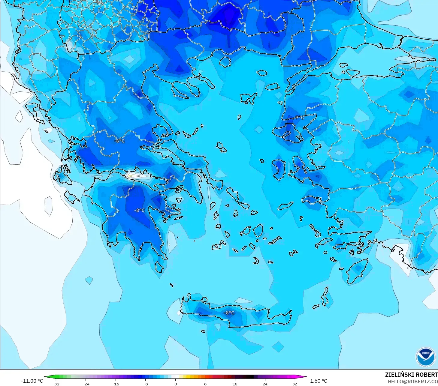 GFS モデル - ギリシャ, 気温異常（2m）