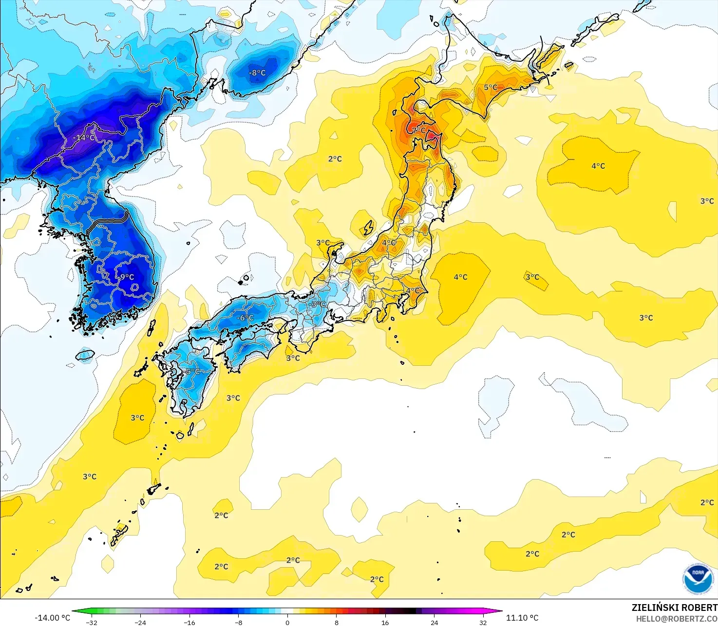 GFS モデル - 日本, 気温異常（2m）