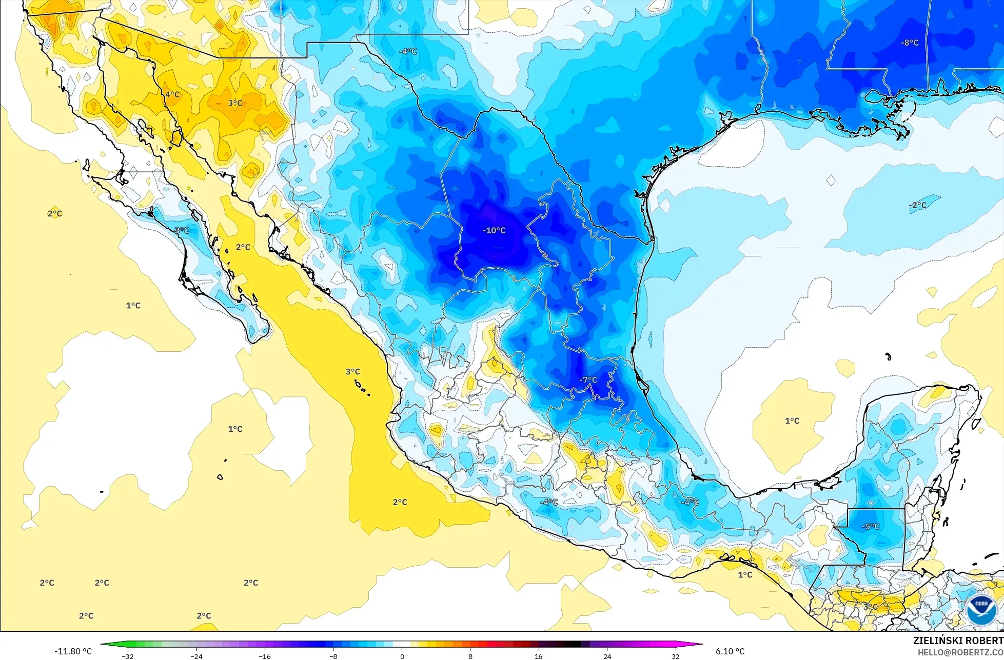 GFS モデル - メキシコ, 気温異常（2m）