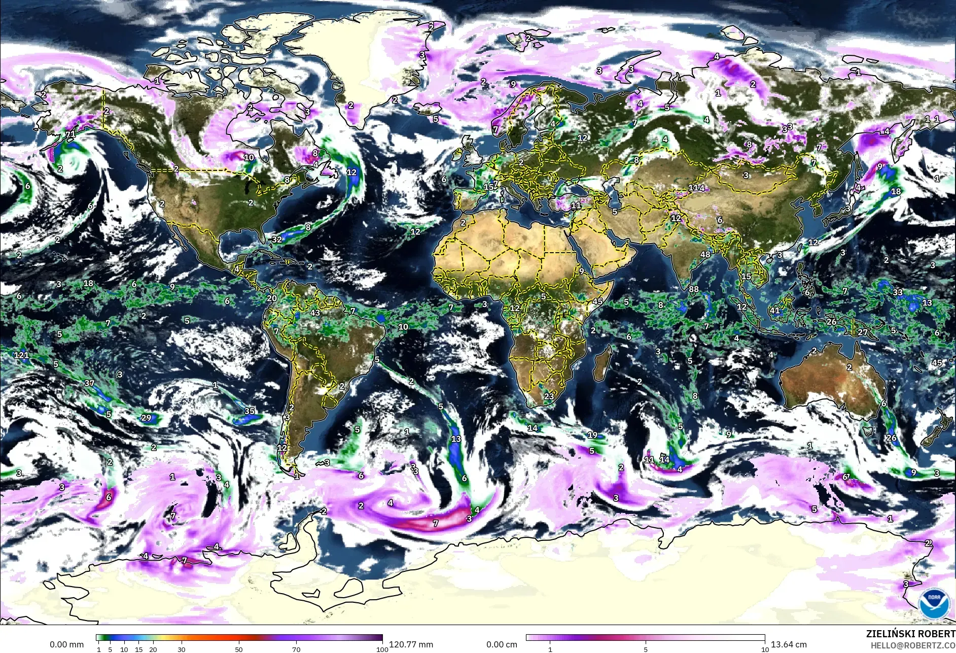 GFS モデル - 世界, 降水量、雲、気圧