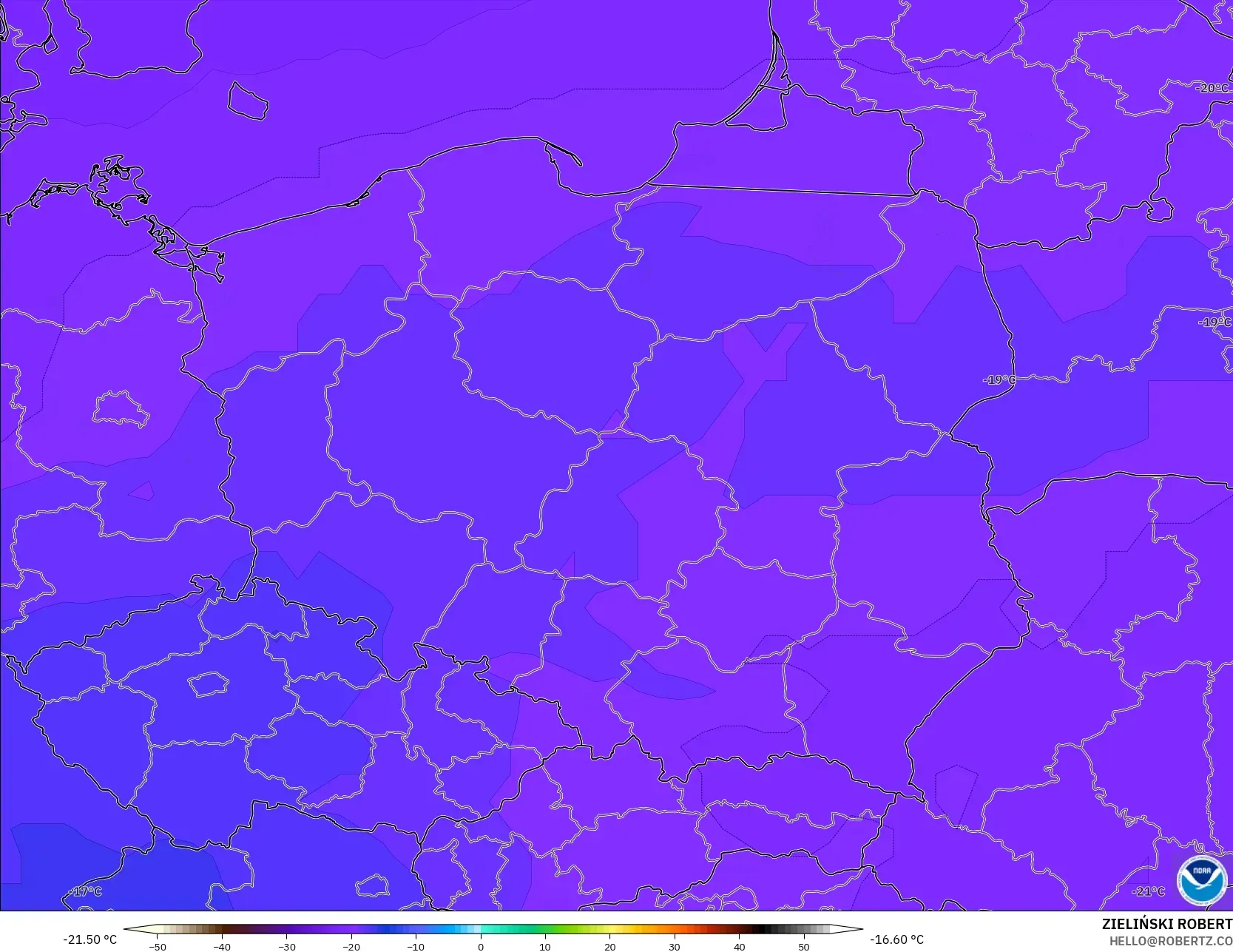 GFS モデル - ポーランド, 気温（500hPa）
