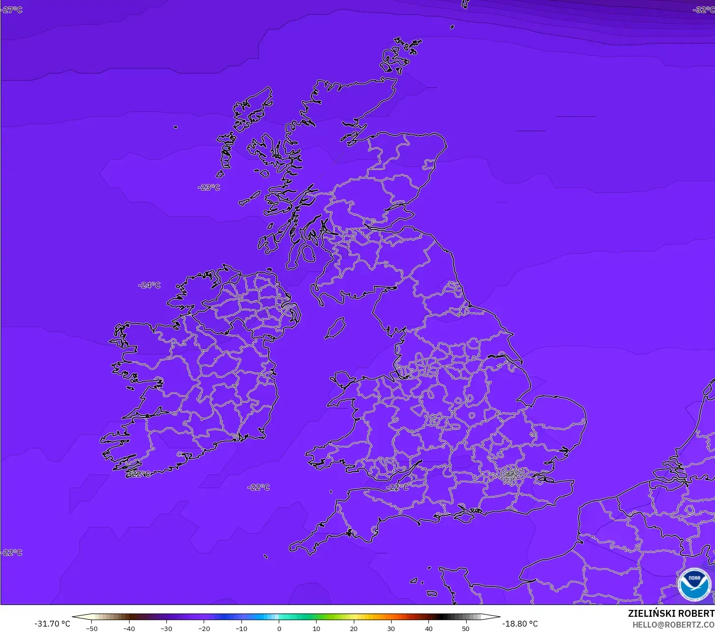 GFS モデル - イギリス, 気温（500hPa）