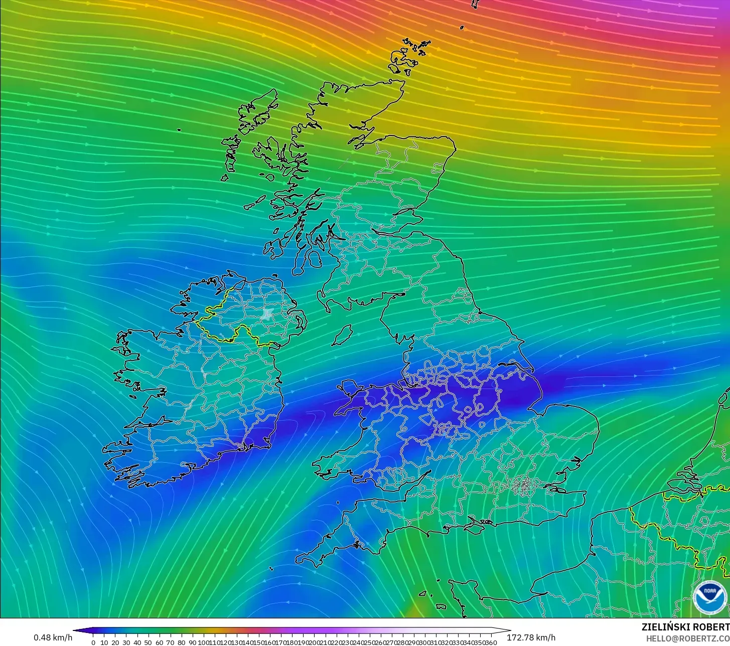 GFS モデル - イギリス, 風速（300hPa）