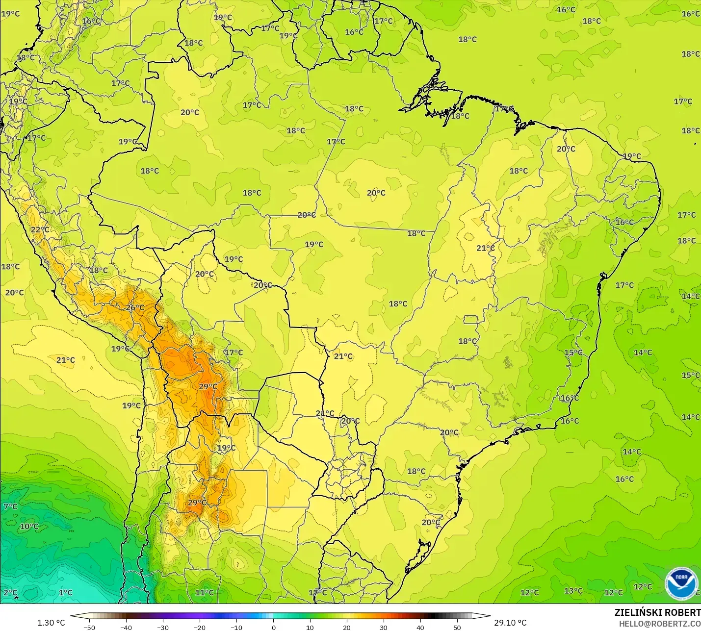 GFS モデル - ブラジル, 気温（850hPa）