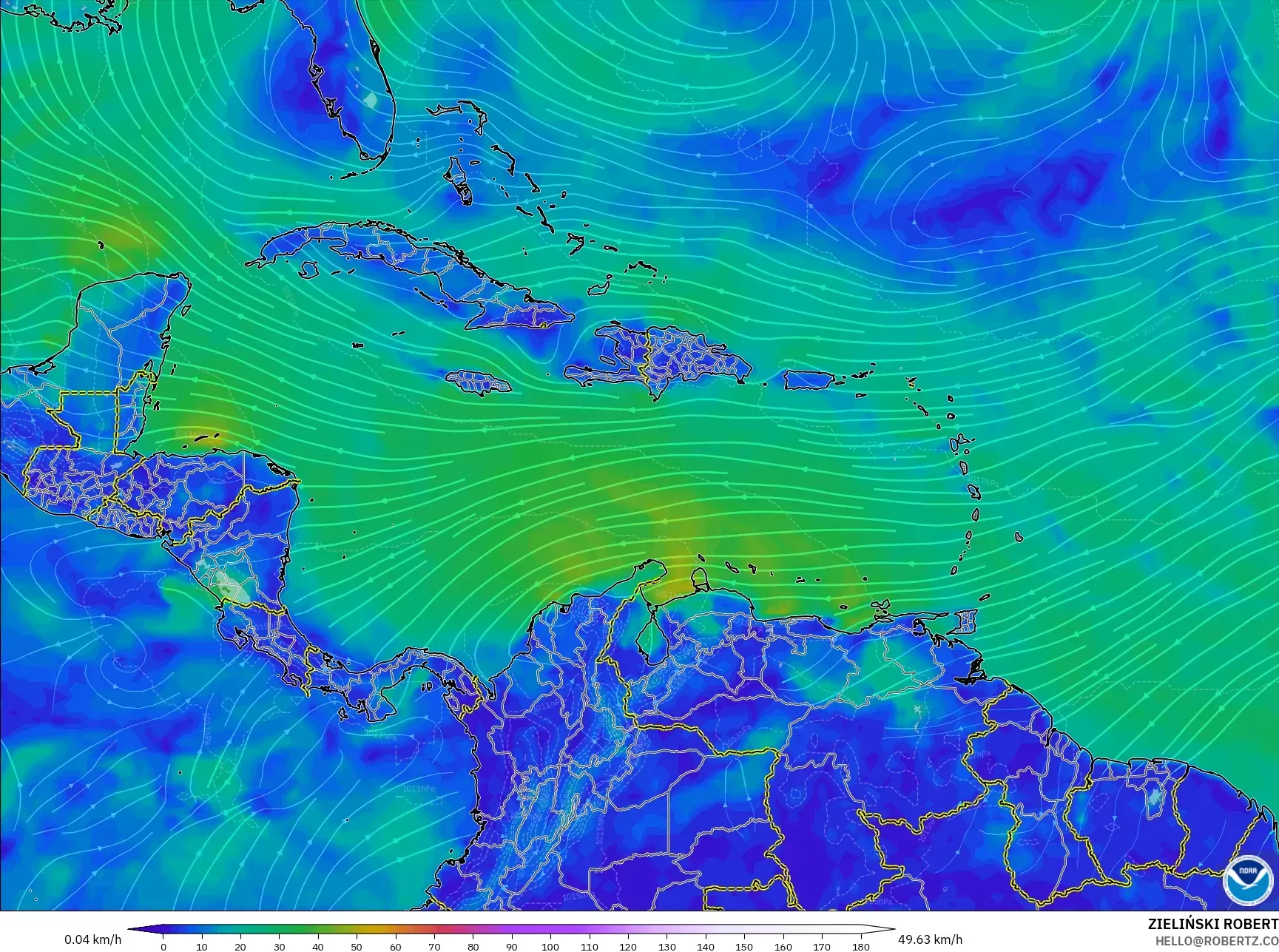 GFS モデル - カリブ海, 風速（10m）