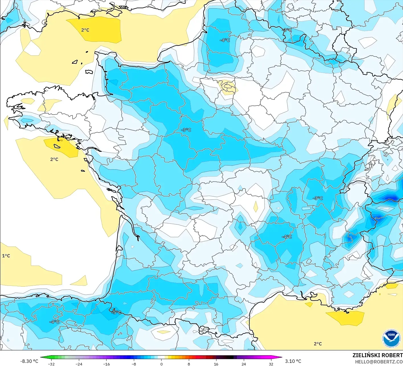 GFS モデル - フランス, 気温異常（2m）