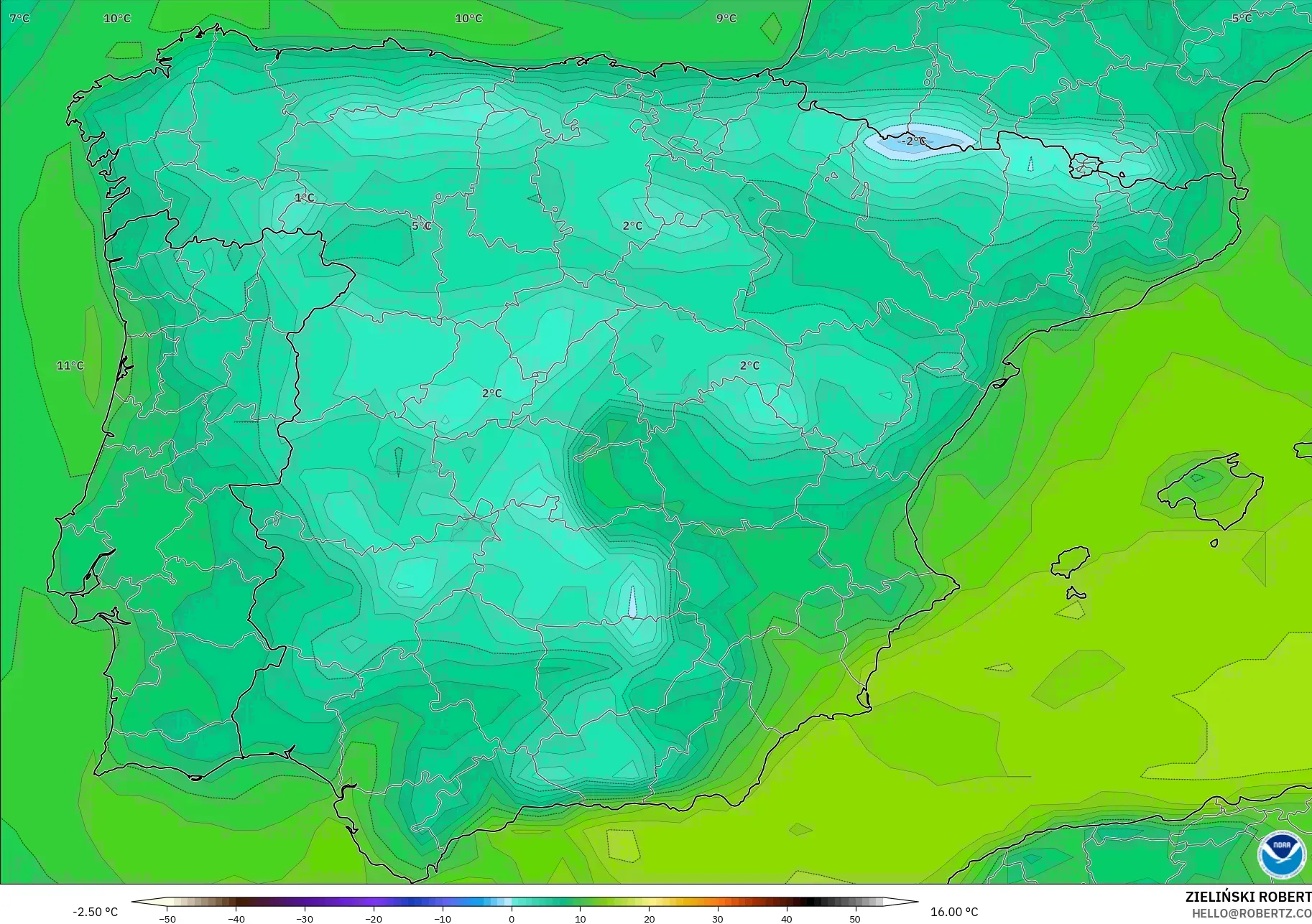 GFS モデル - スペイン, 露点温度（2m）