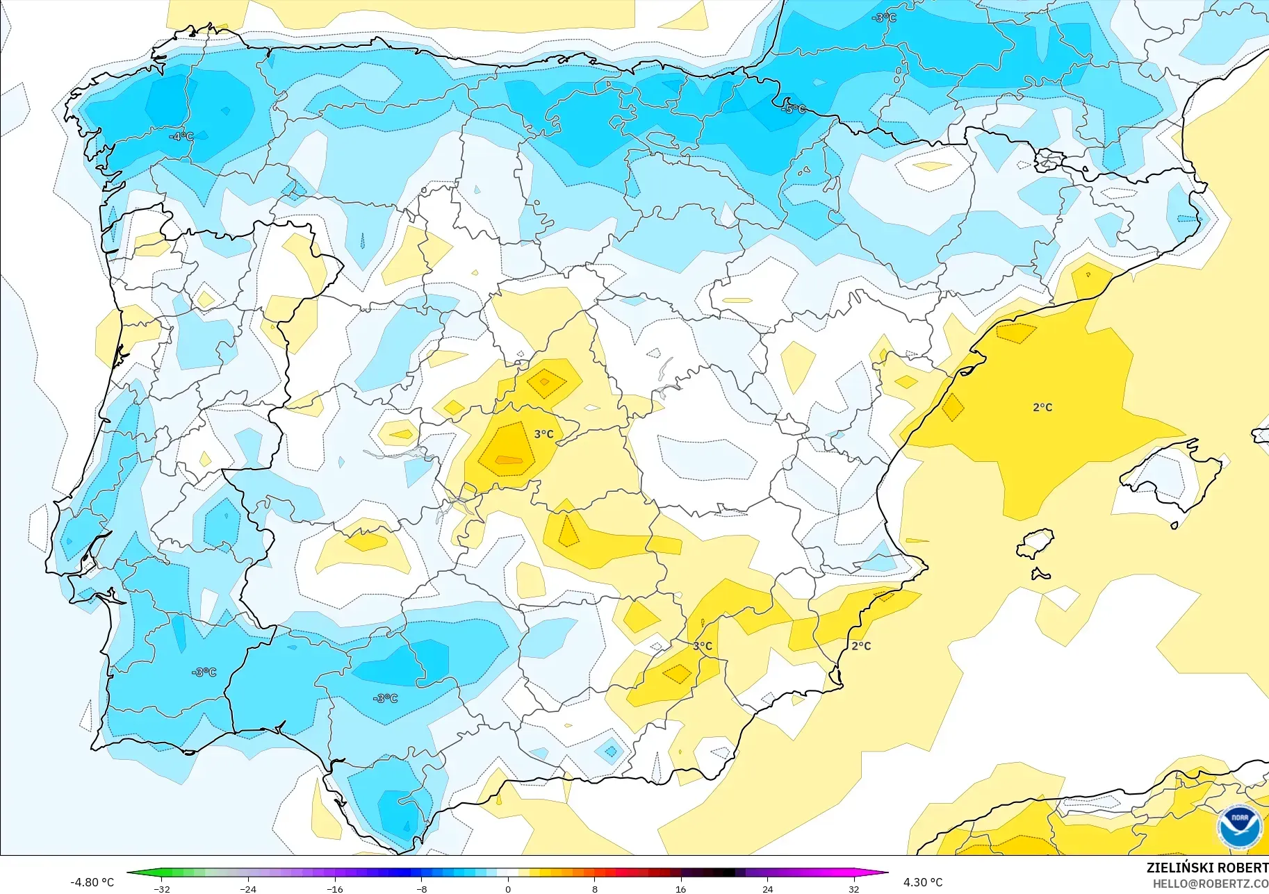 GFS モデル - スペイン, 気温異常（2m）