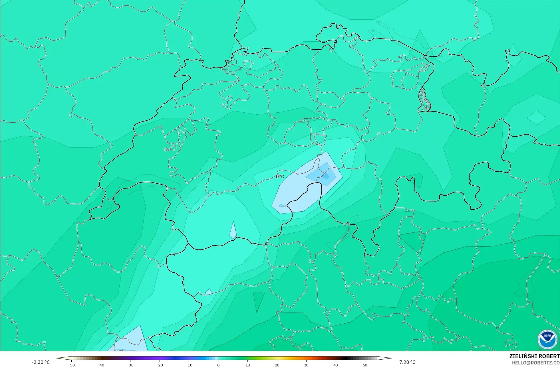 GFS モデル - スイス, 気温（850hPa）