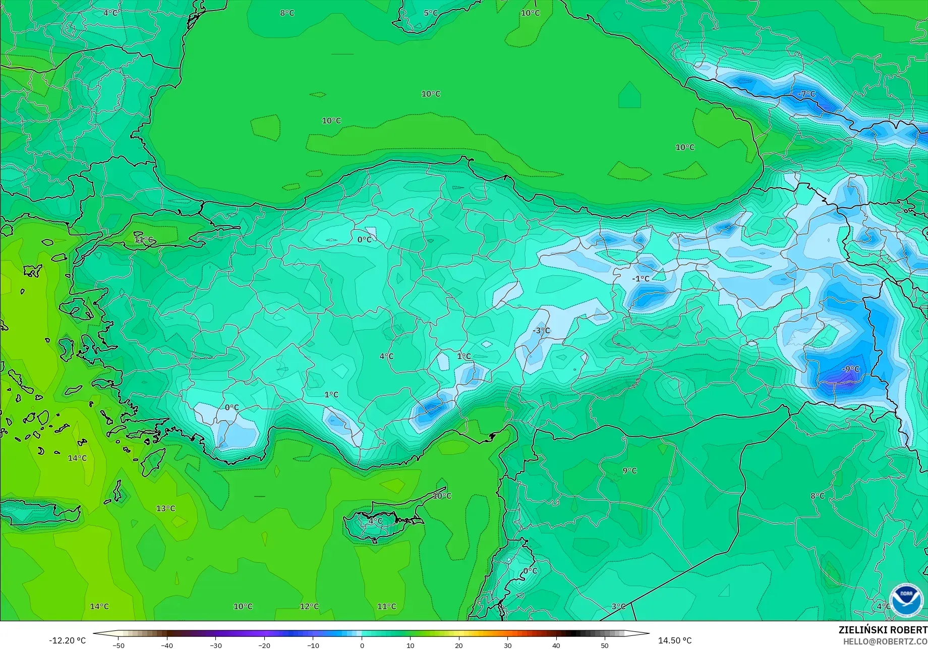 GFS モデル - トルコ, 露点温度（2m）
