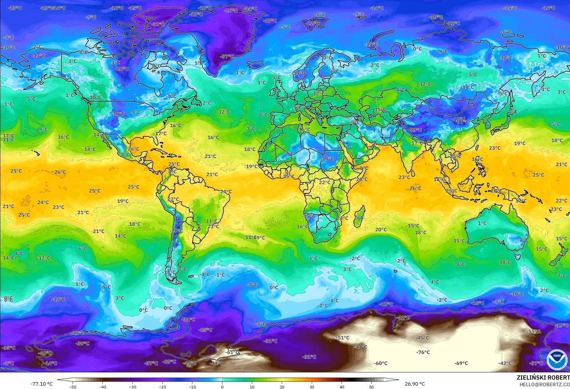 GFS モデル - 世界, 露点温度（2m）