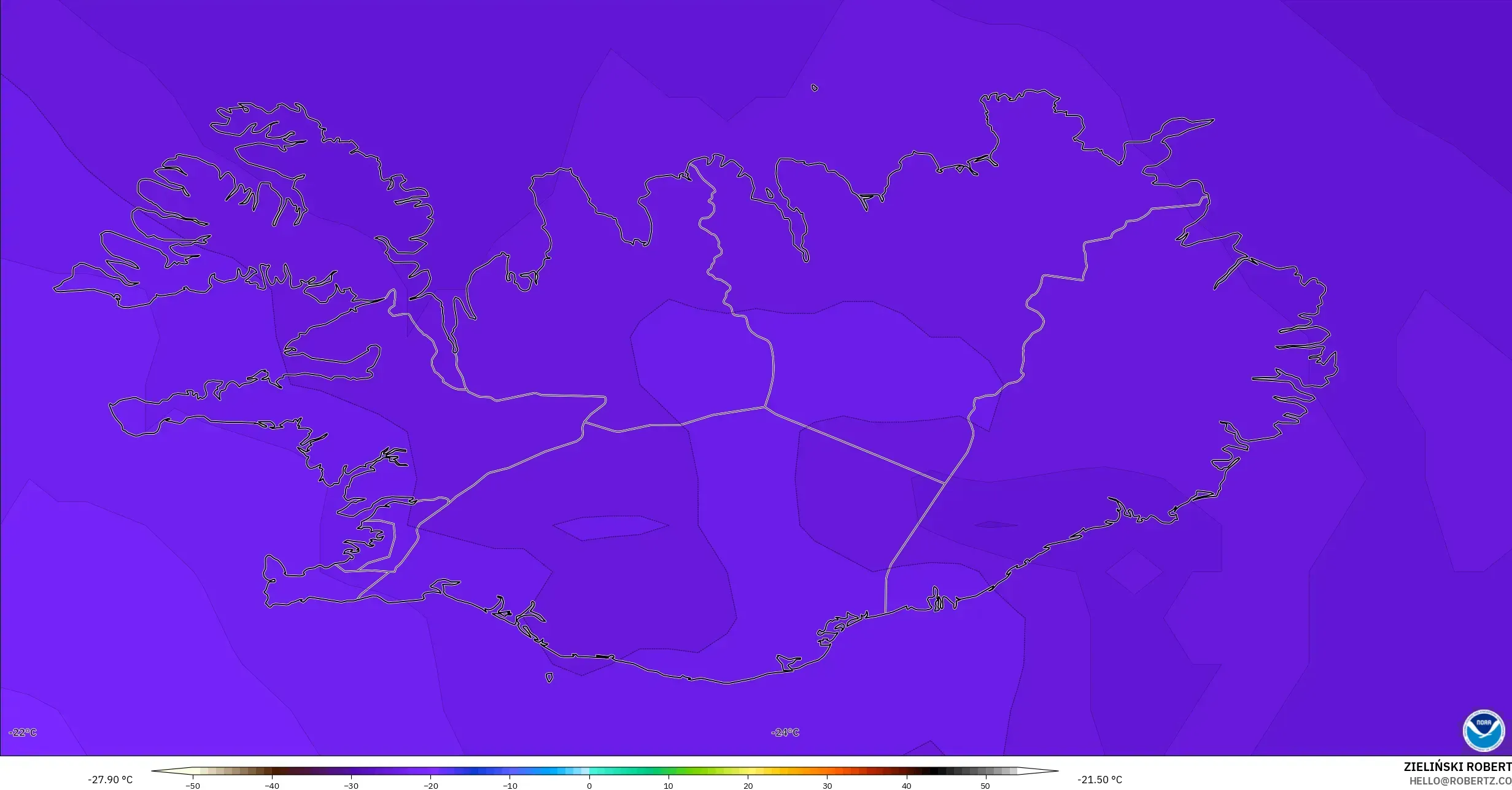 GFS モデル - アイスランド, 気温（500hPa）