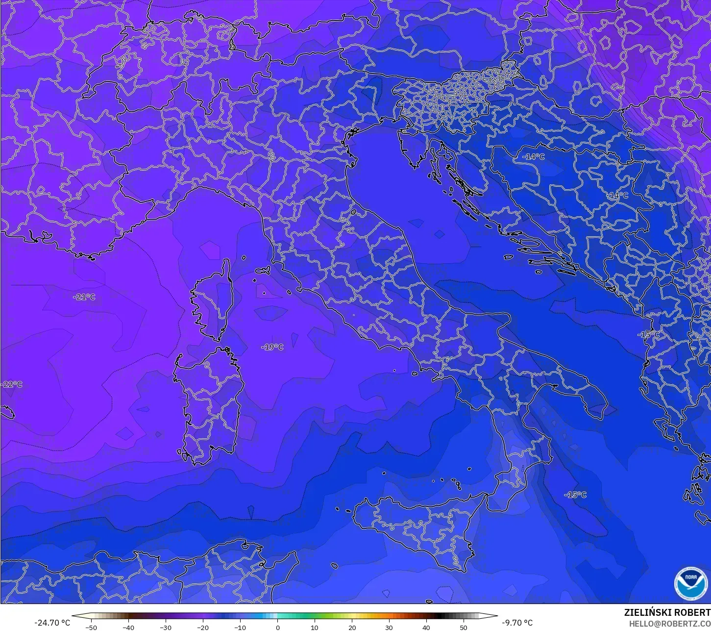 GFS モデル - イタリア, 気温（500hPa）