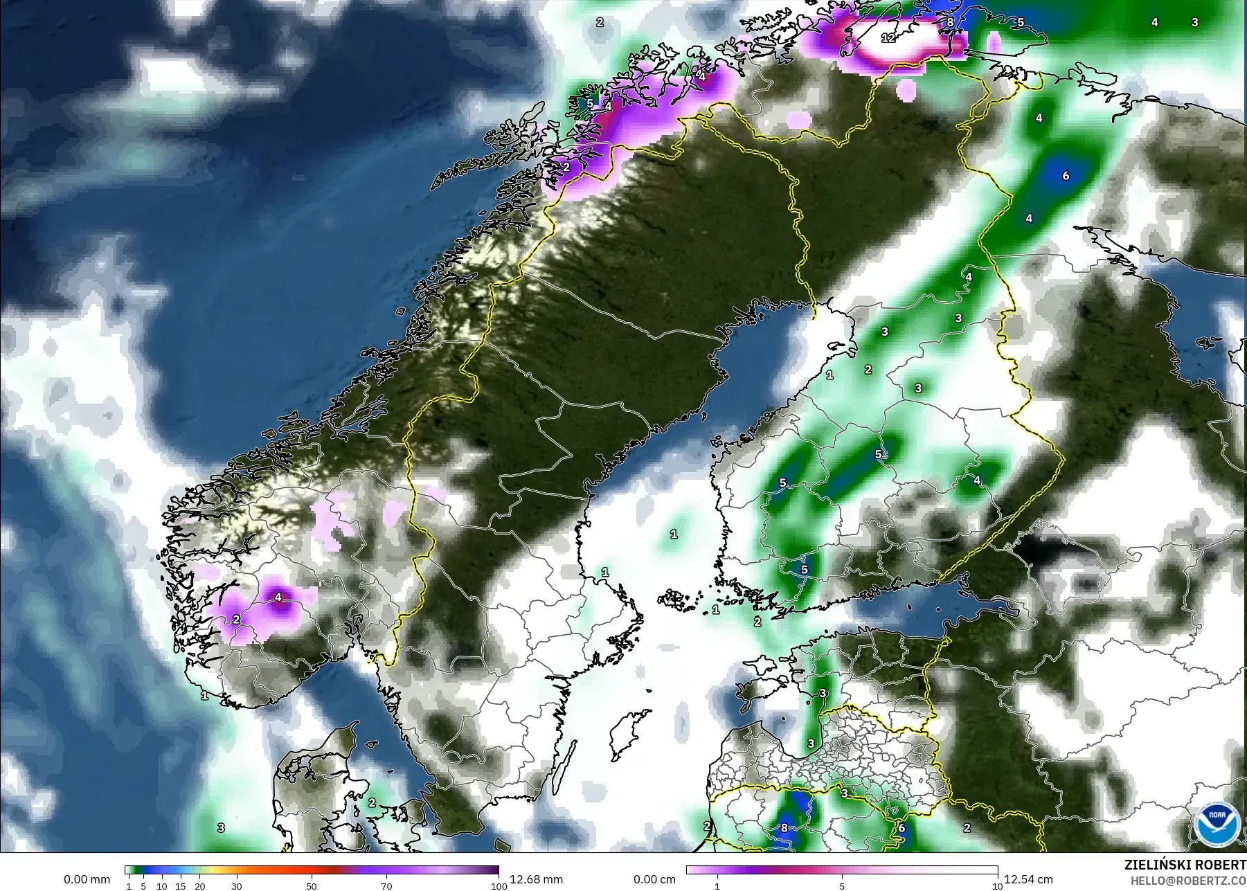 GFS モデル - スカンジナビア, 降水量、雲、気圧
