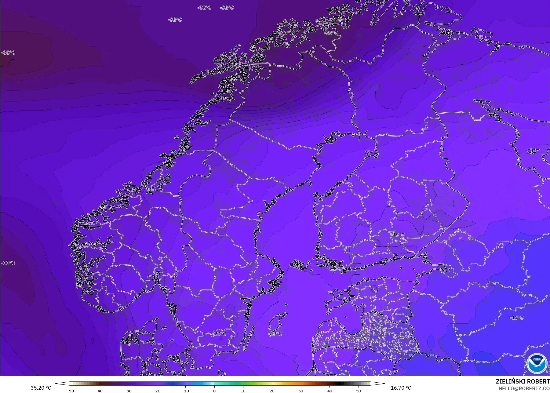 GFS モデル - スカンジナビア, 気温（500hPa）