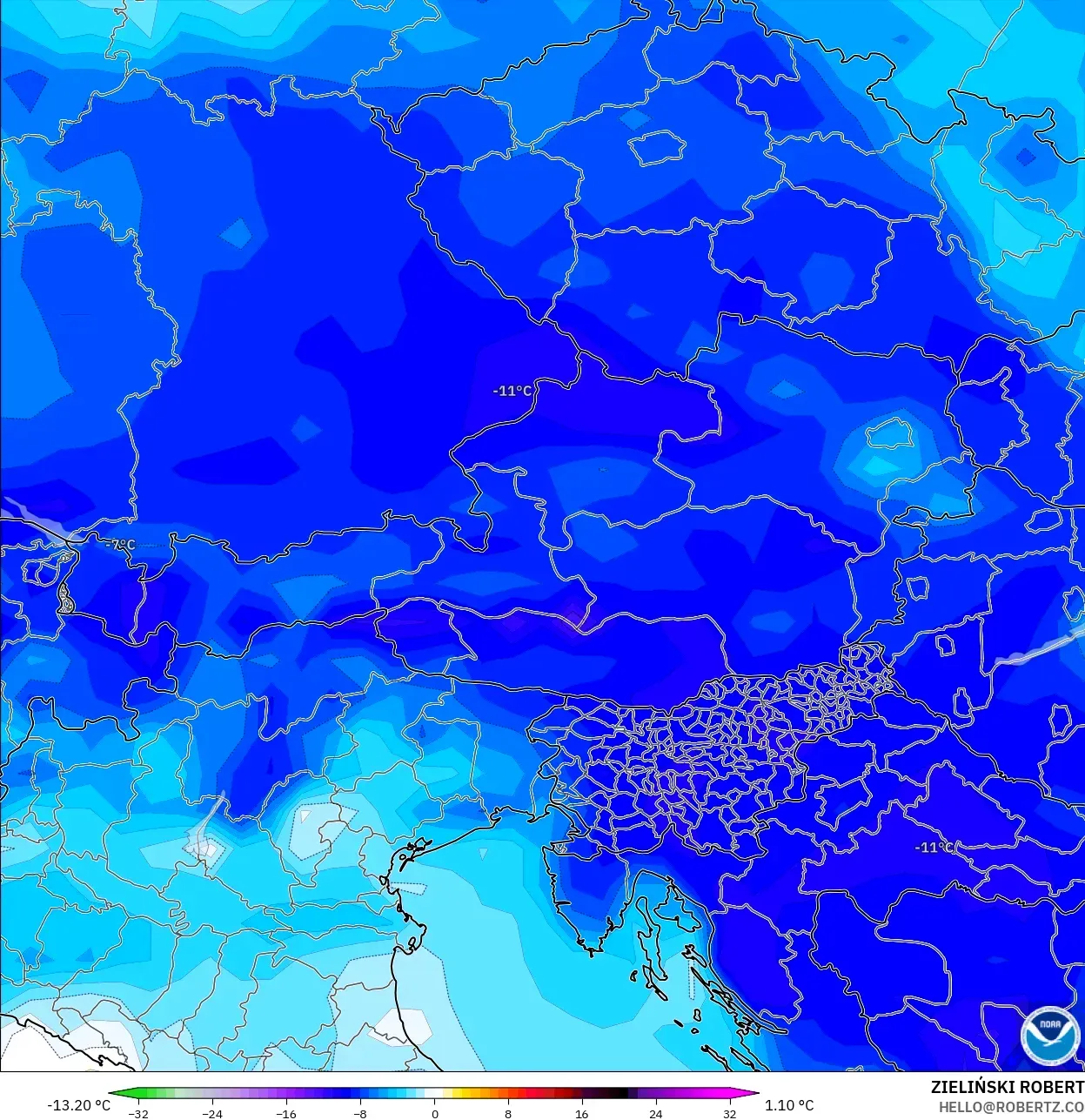 GFS モデル - オーストリア, 気温異常（2m）