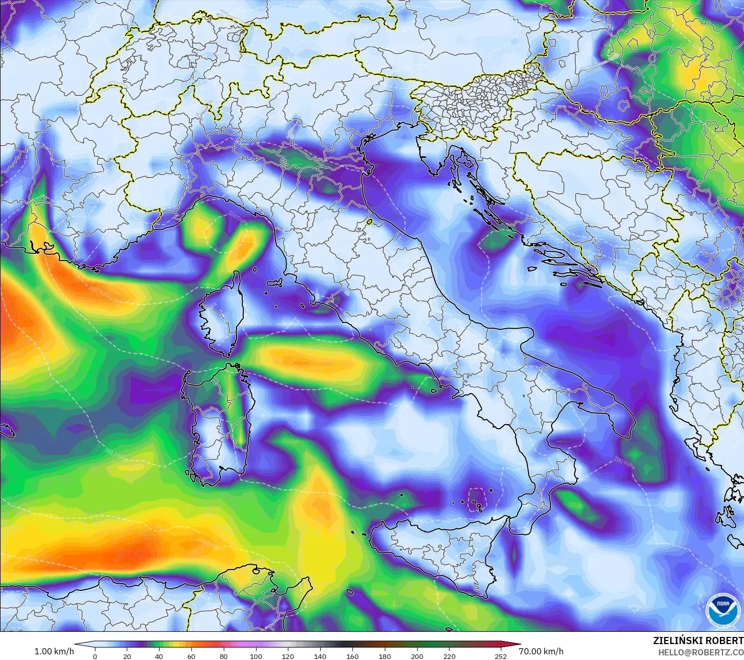 GFS モデル - イタリア, 突風