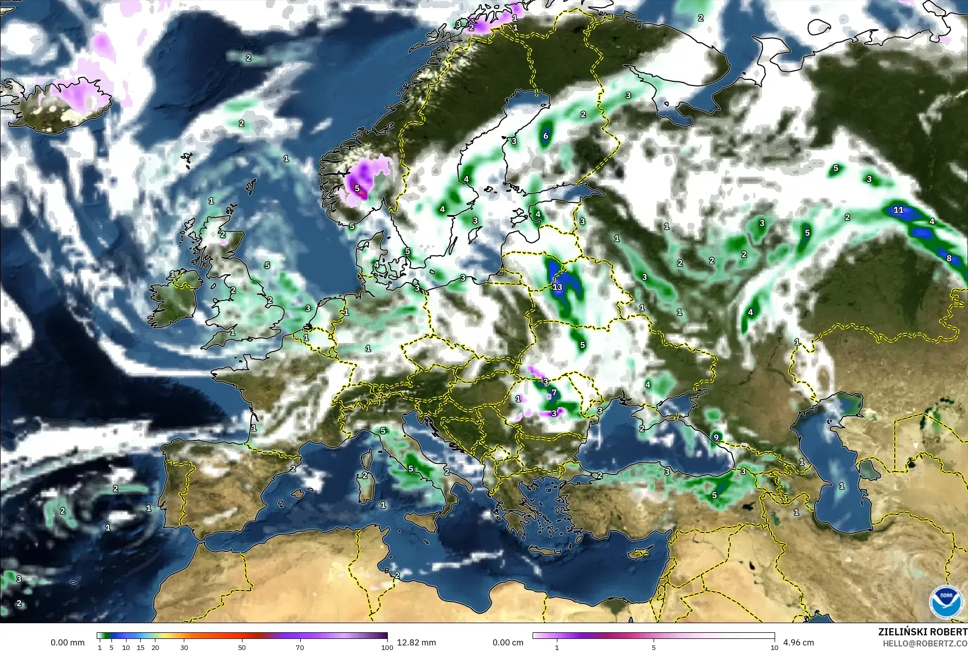 GFS モデル - ヨーロッパ, 降水量、雲、気圧