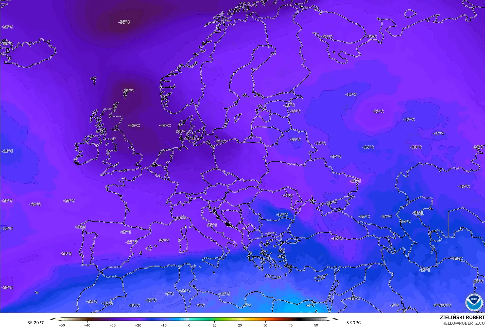 GFS モデル - ヨーロッパ, 気温（500hPa）