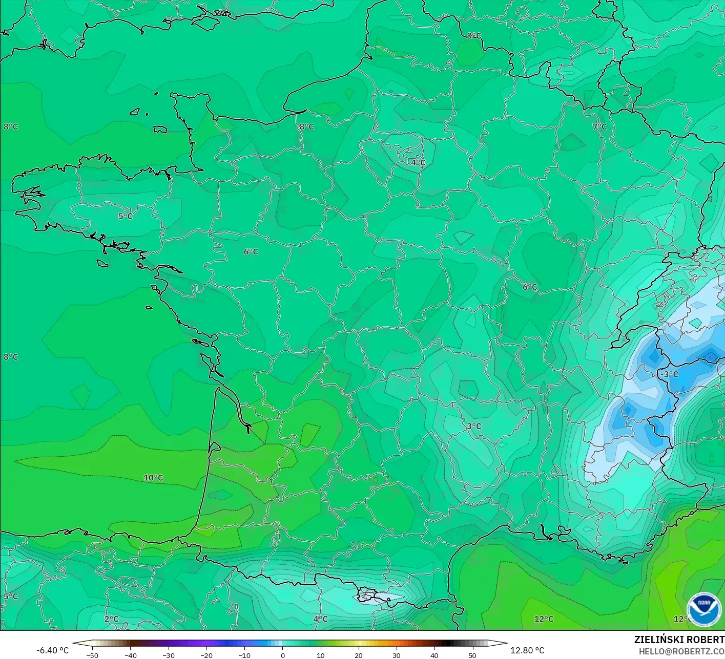 GFS モデル - フランス, 露点温度（2m）