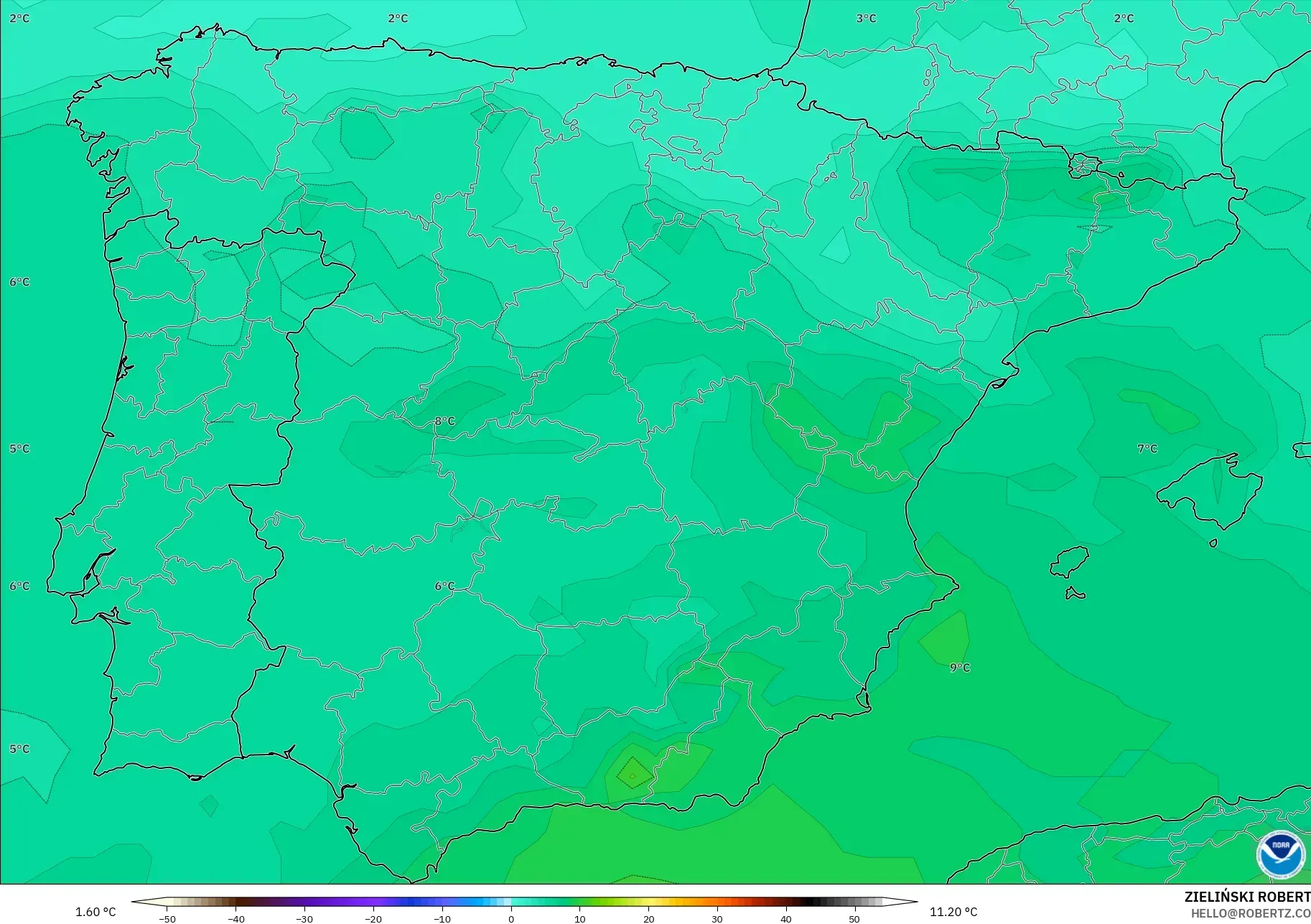 GFS モデル - スペイン, 気温（850hPa）
