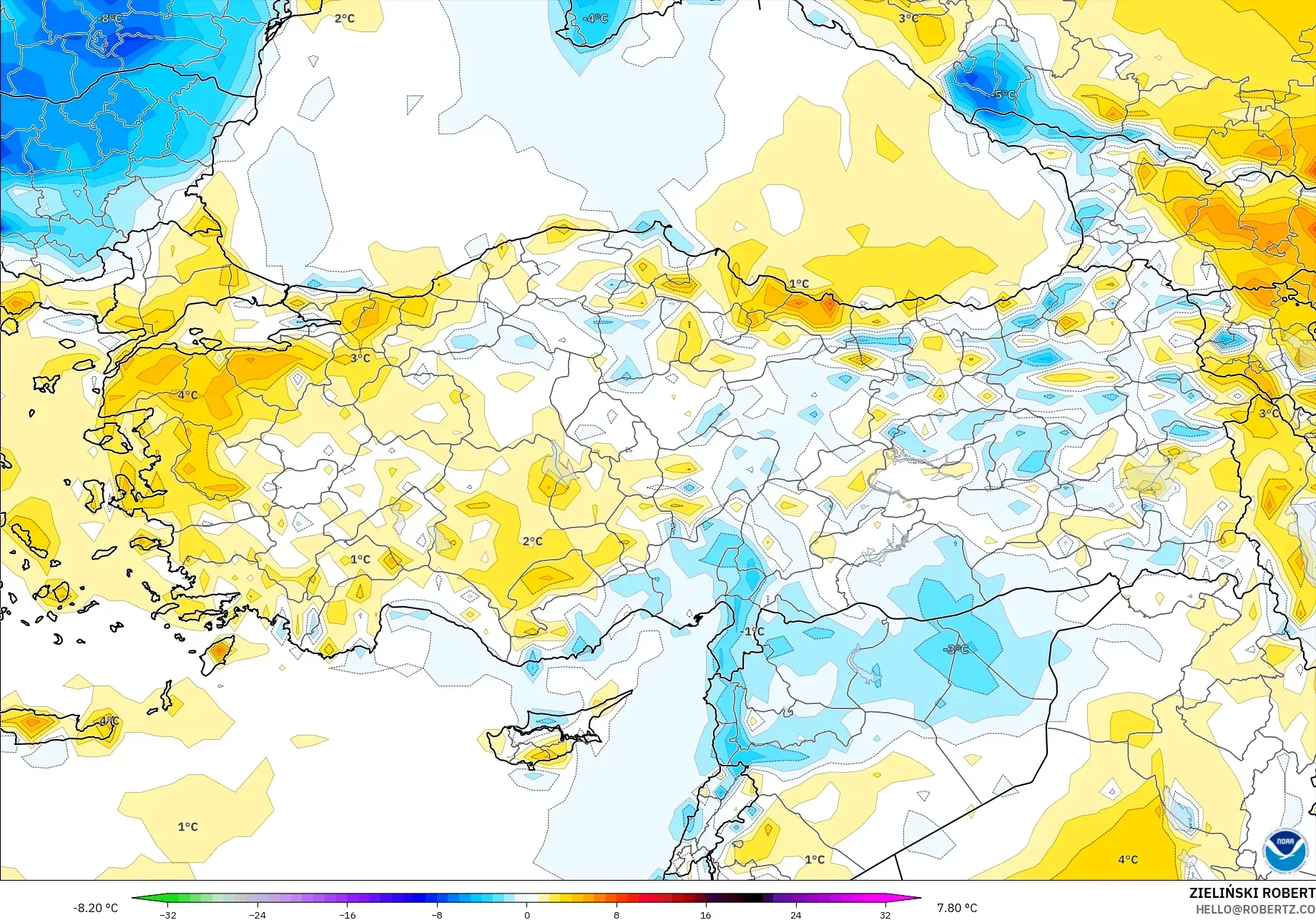 GFS モデル - トルコ, 気温異常（2m）