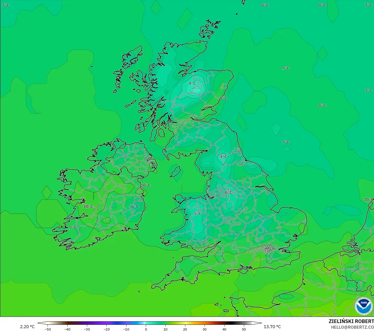 GFS モデル - イギリス, 気温（2m）
