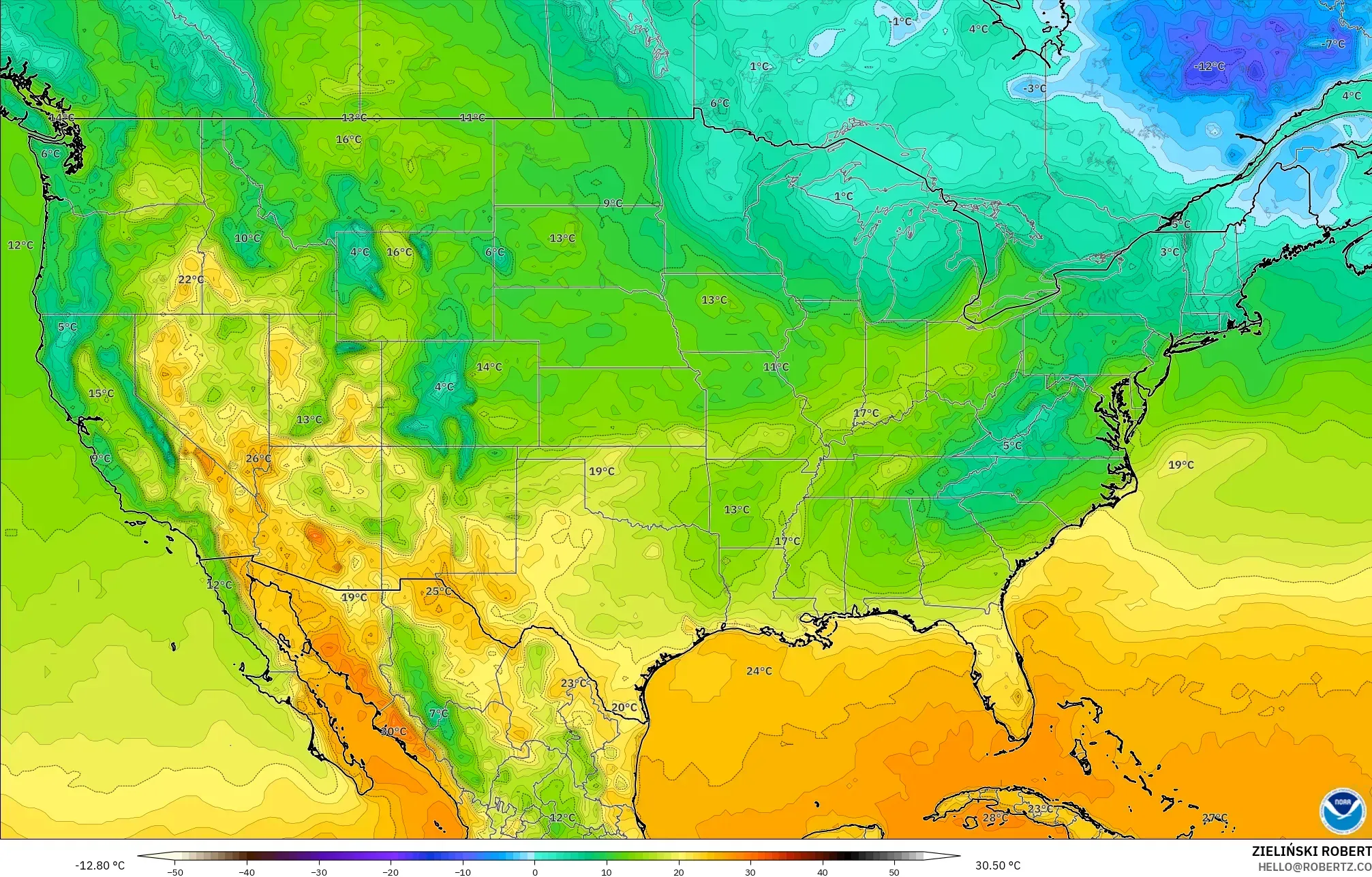 GFS モデル - アメリカ合衆国, 気温（2m）