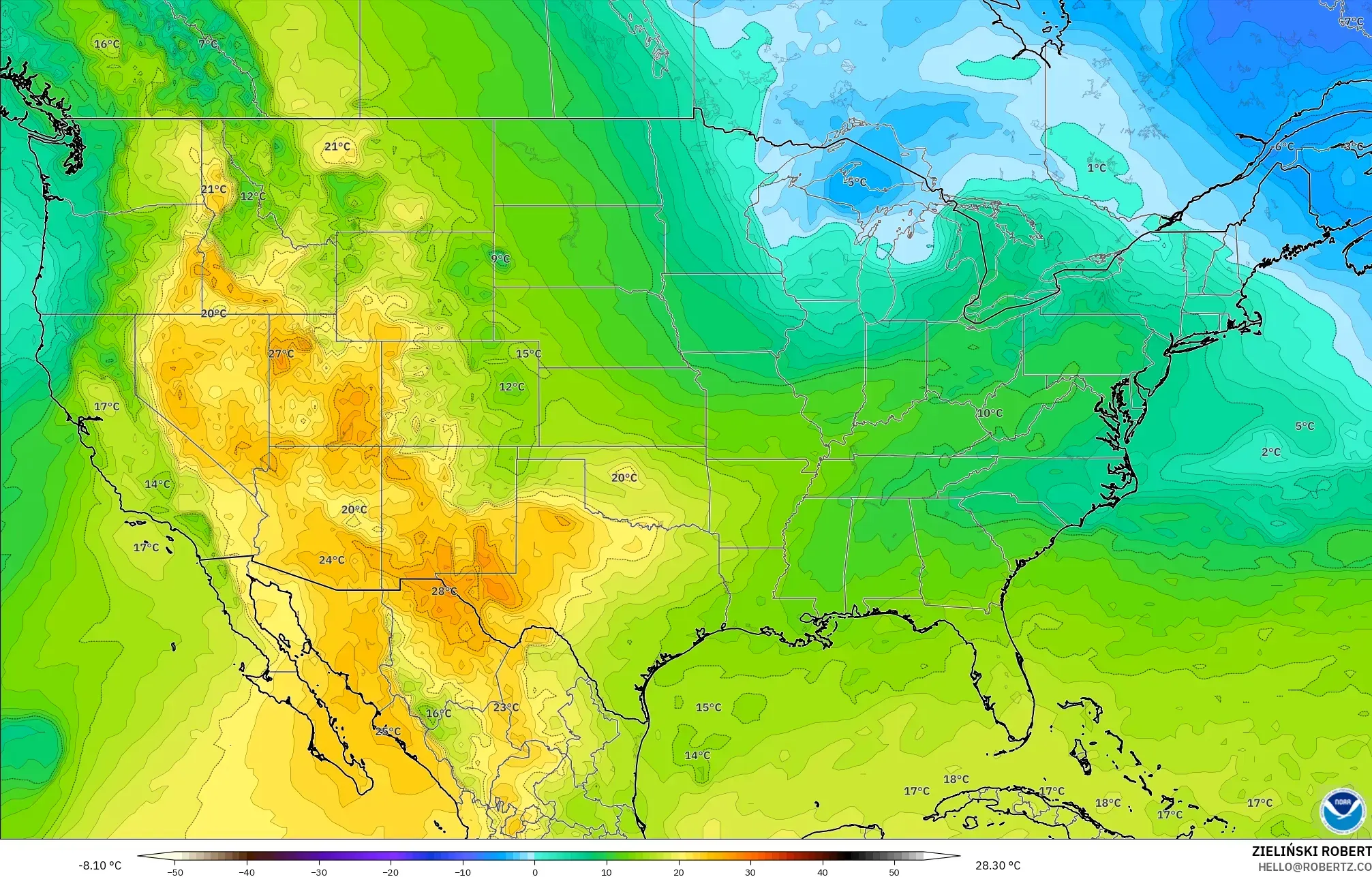 GFS モデル - アメリカ合衆国, 気温（850hPa）