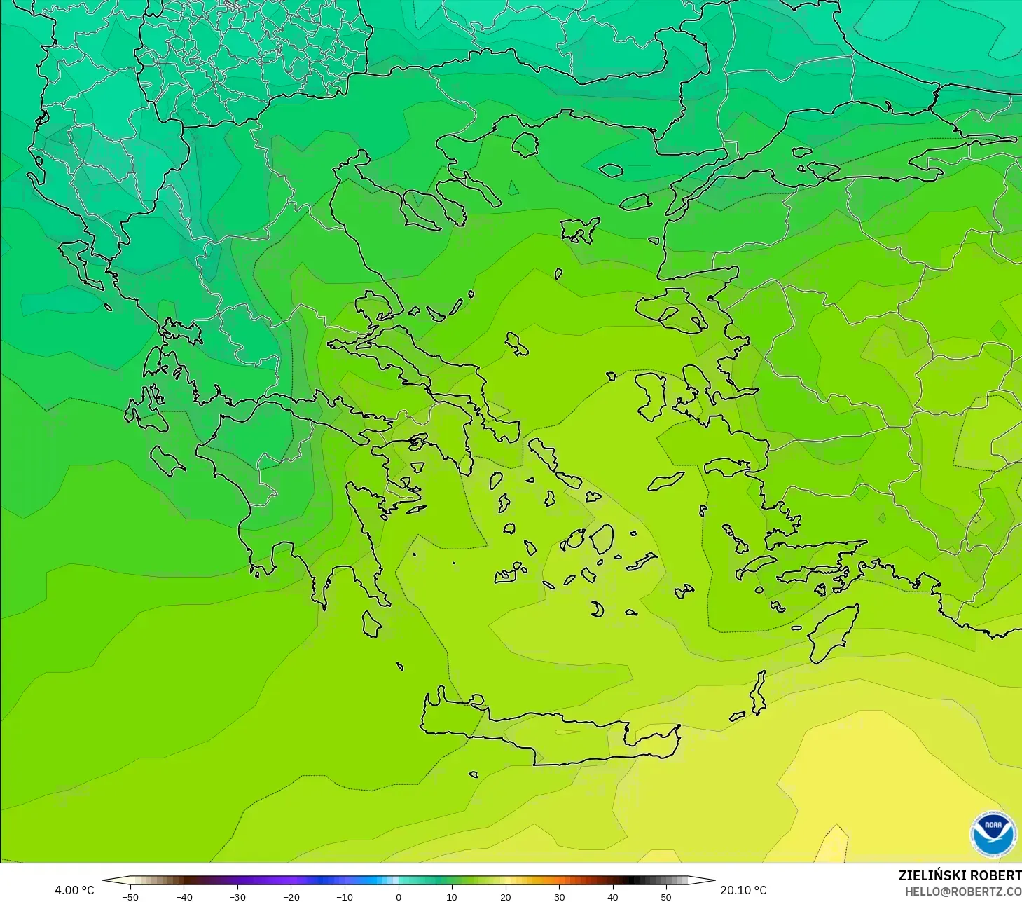 GFS モデル - ギリシャ, 気温（850hPa）