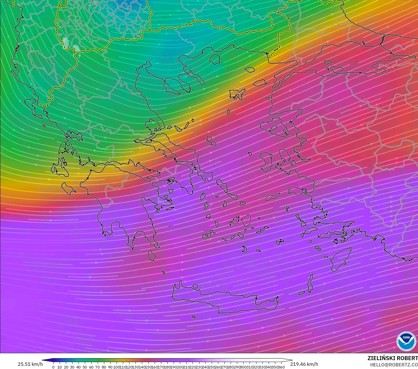 GFS モデル - ギリシャ, 風速（300hPa）