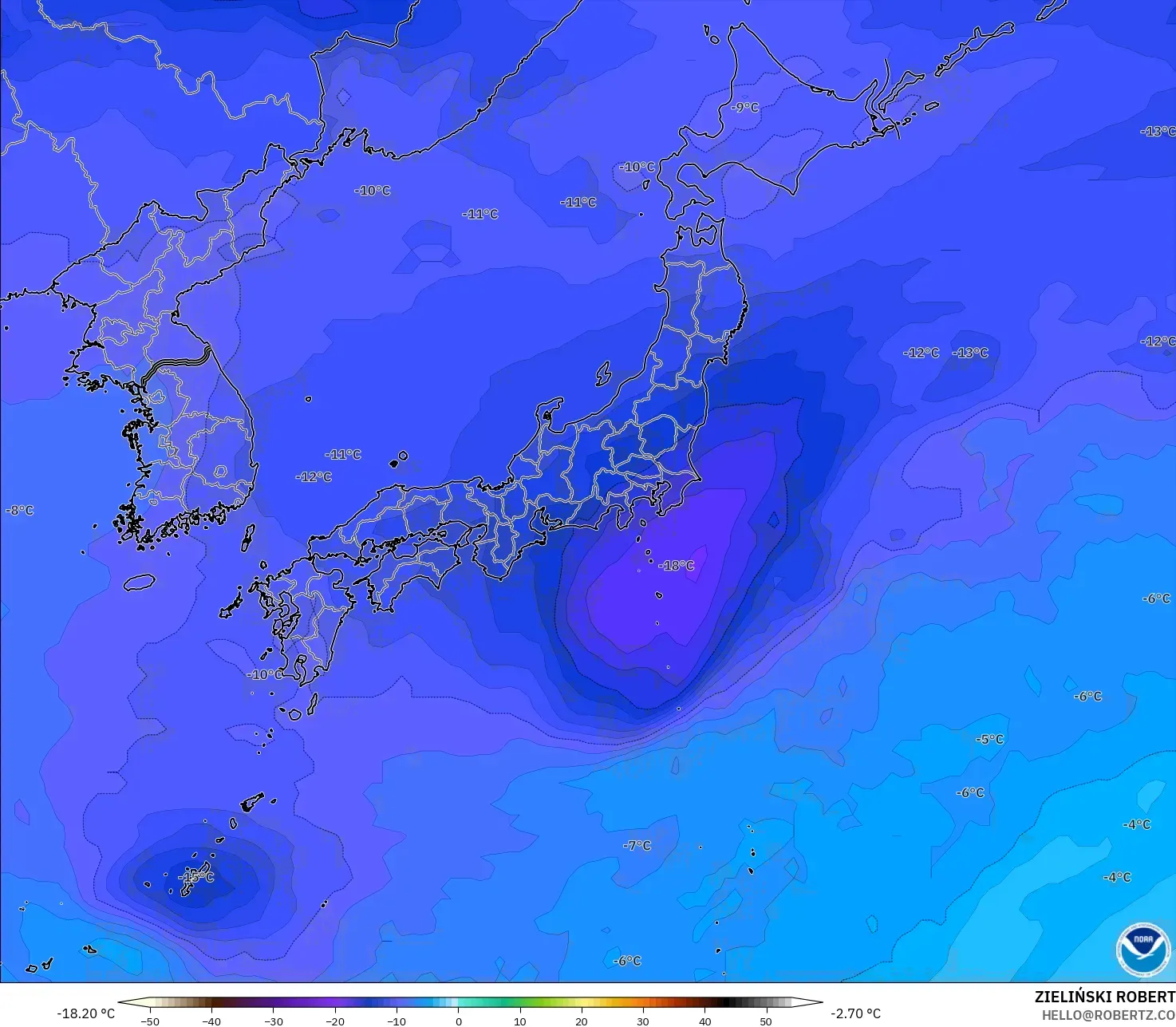 GFS モデル - 日本, 気温（500hPa）