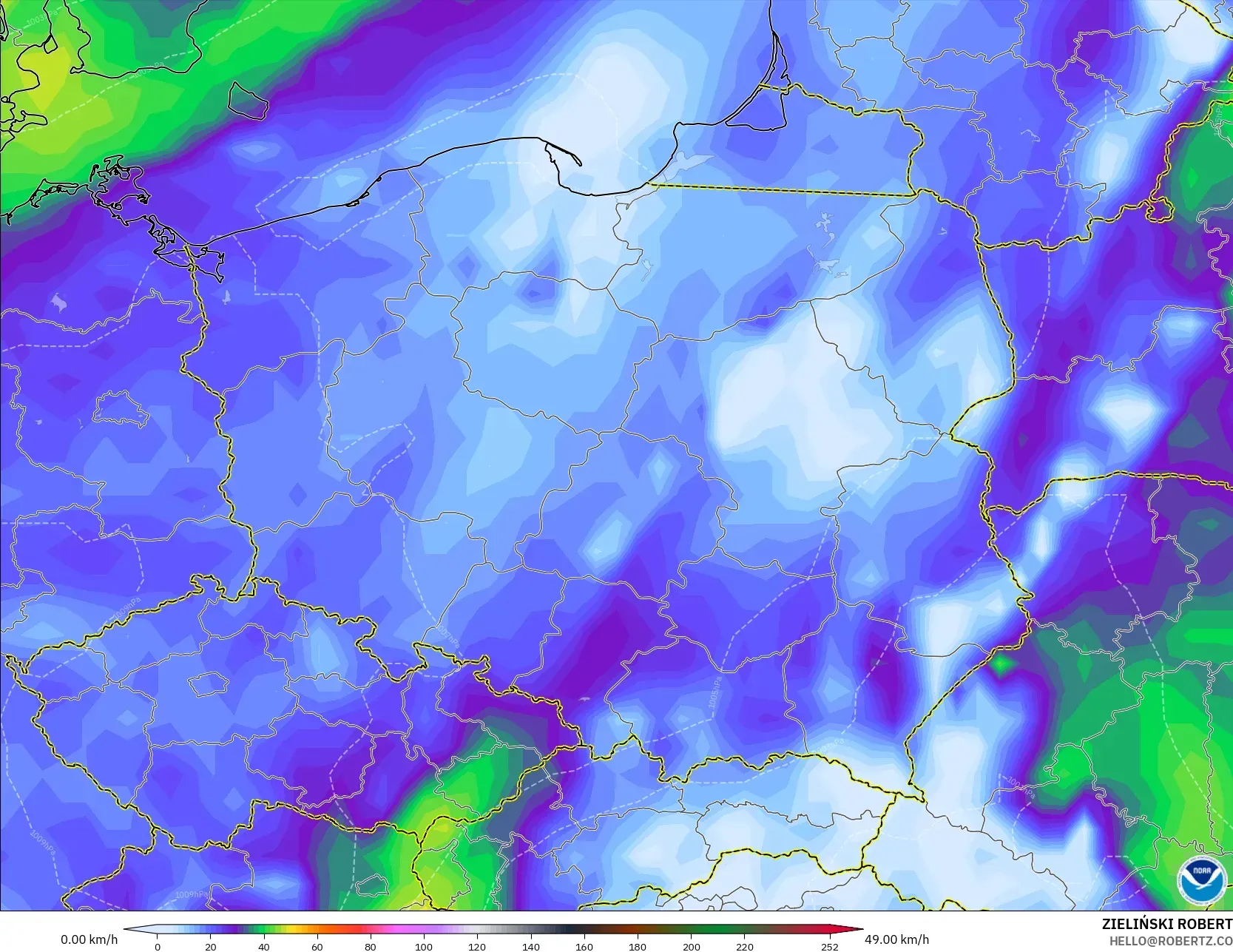 GFS モデル - ポーランド, 突風（最大）