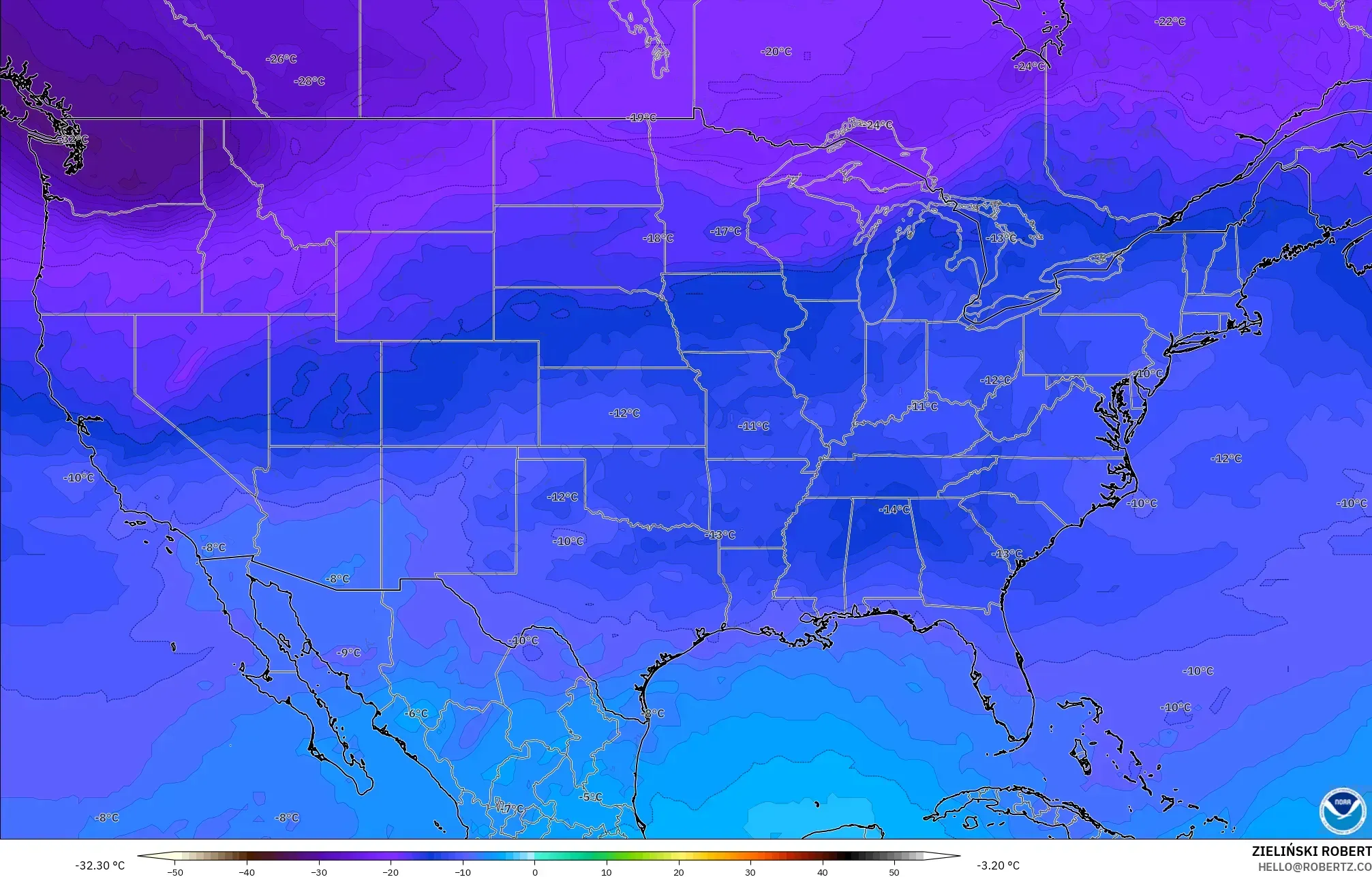 GFS モデル - アメリカ合衆国, 気温（500hPa）