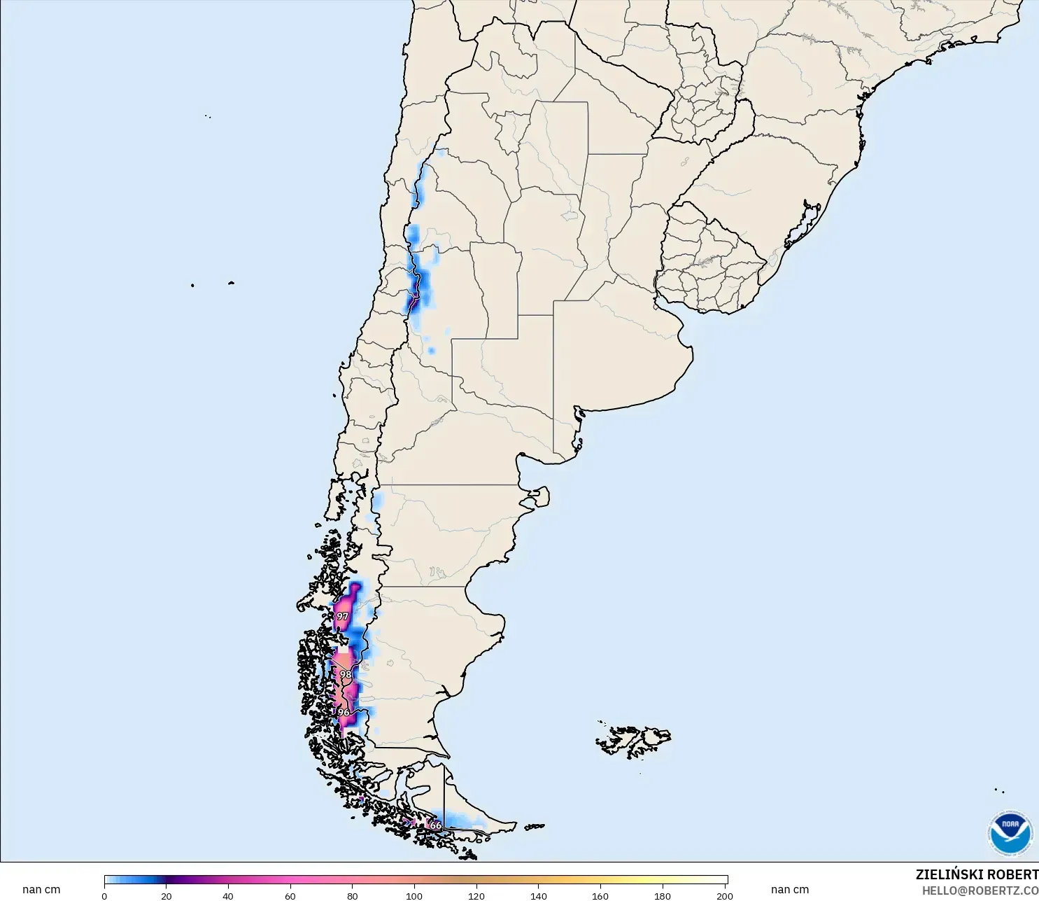 GFS モデル - アルゼンチン, 積雪深