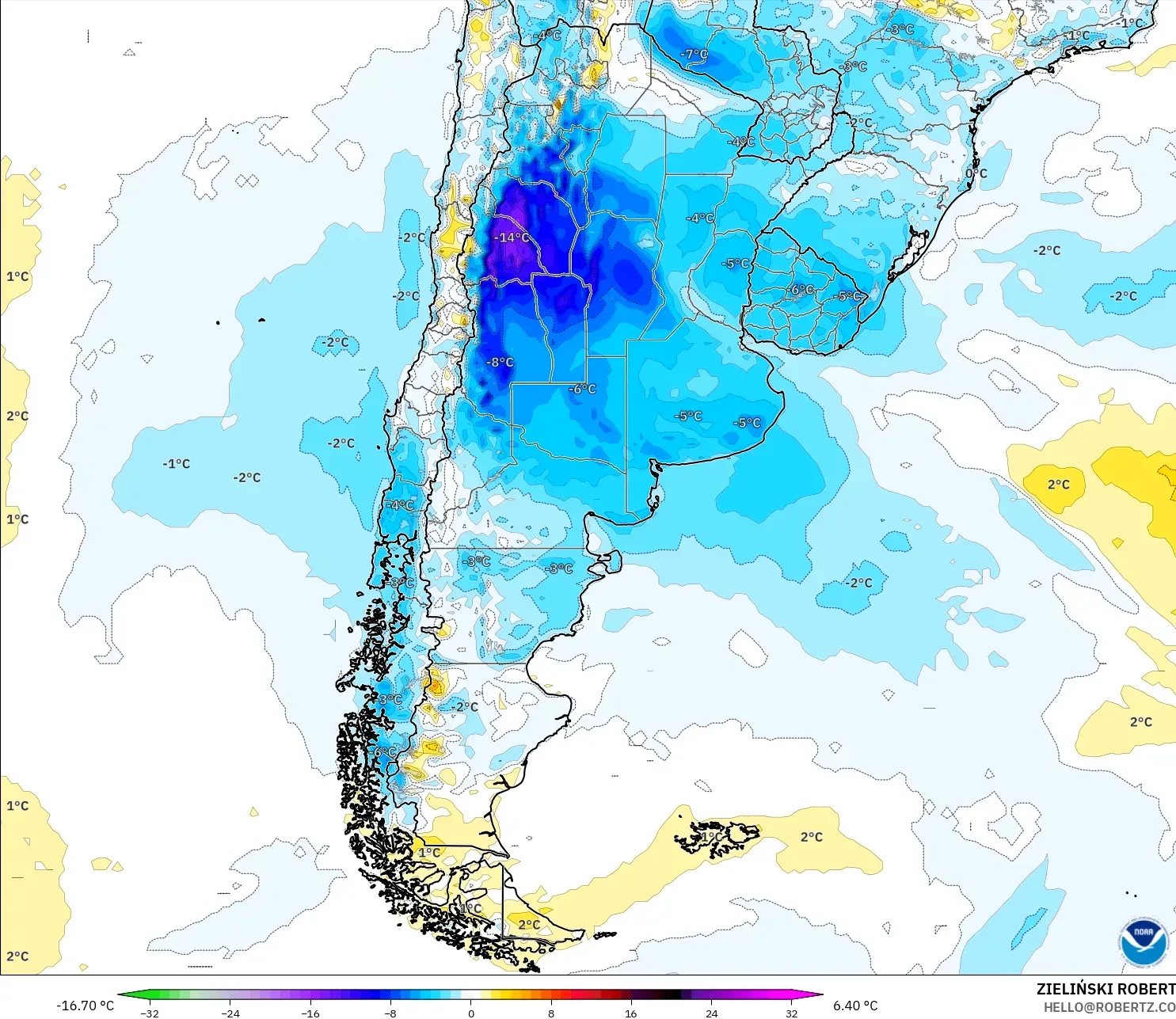 GFS モデル - アルゼンチン, 気温異常（2m）