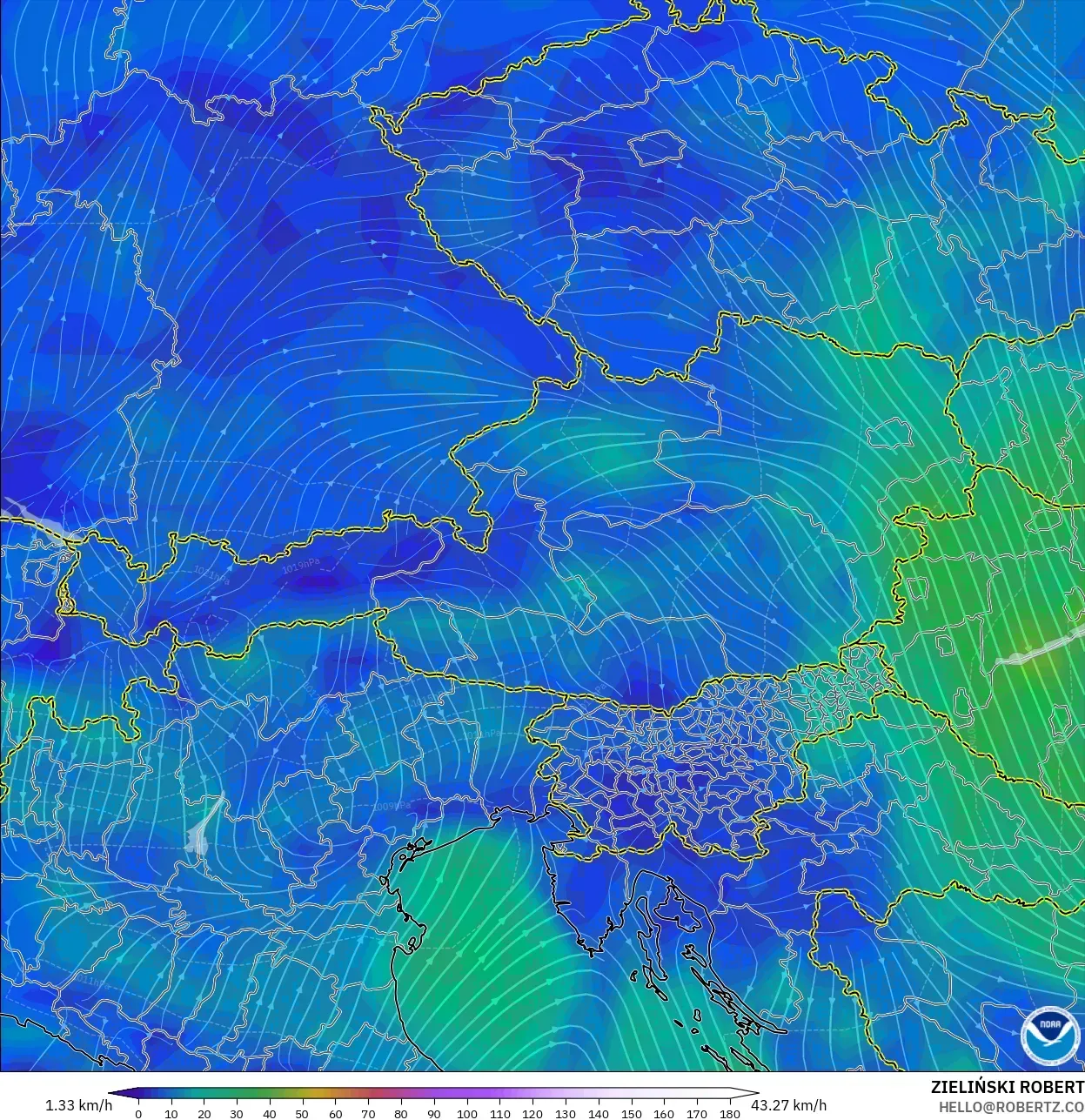 GFS モデル - オーストリア, 風速（10m）