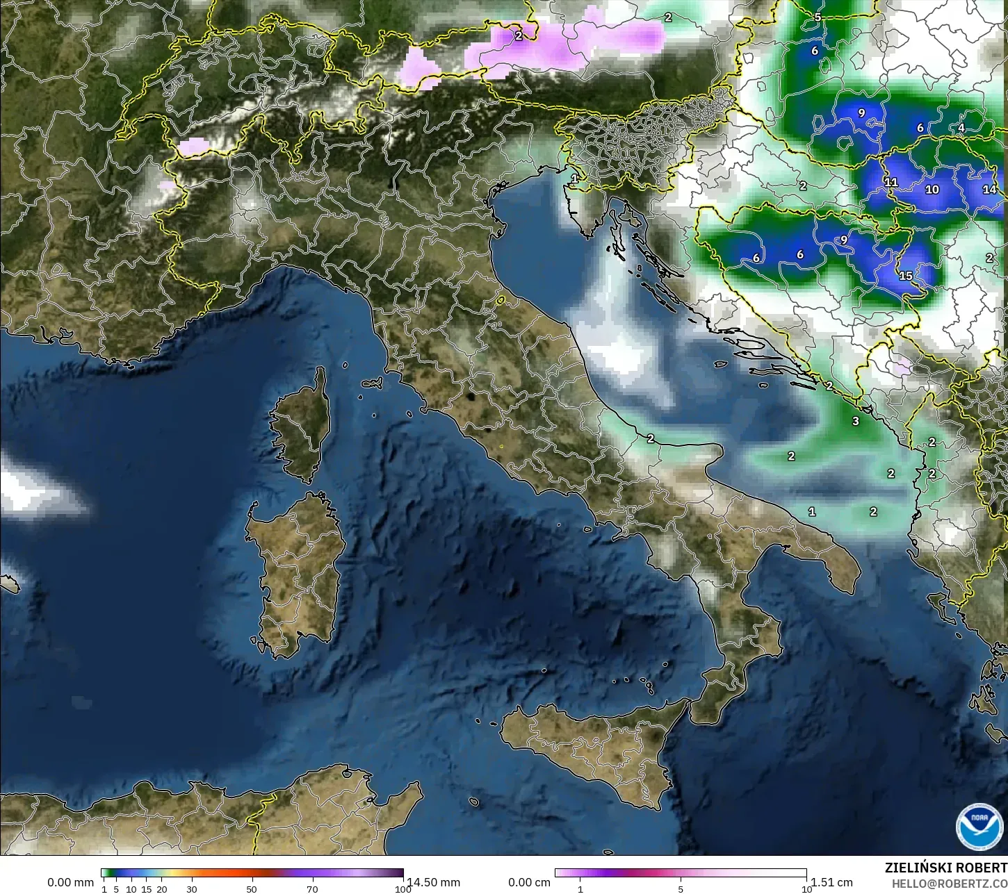 GFS モデル - イタリア, 降水量、雲、気圧