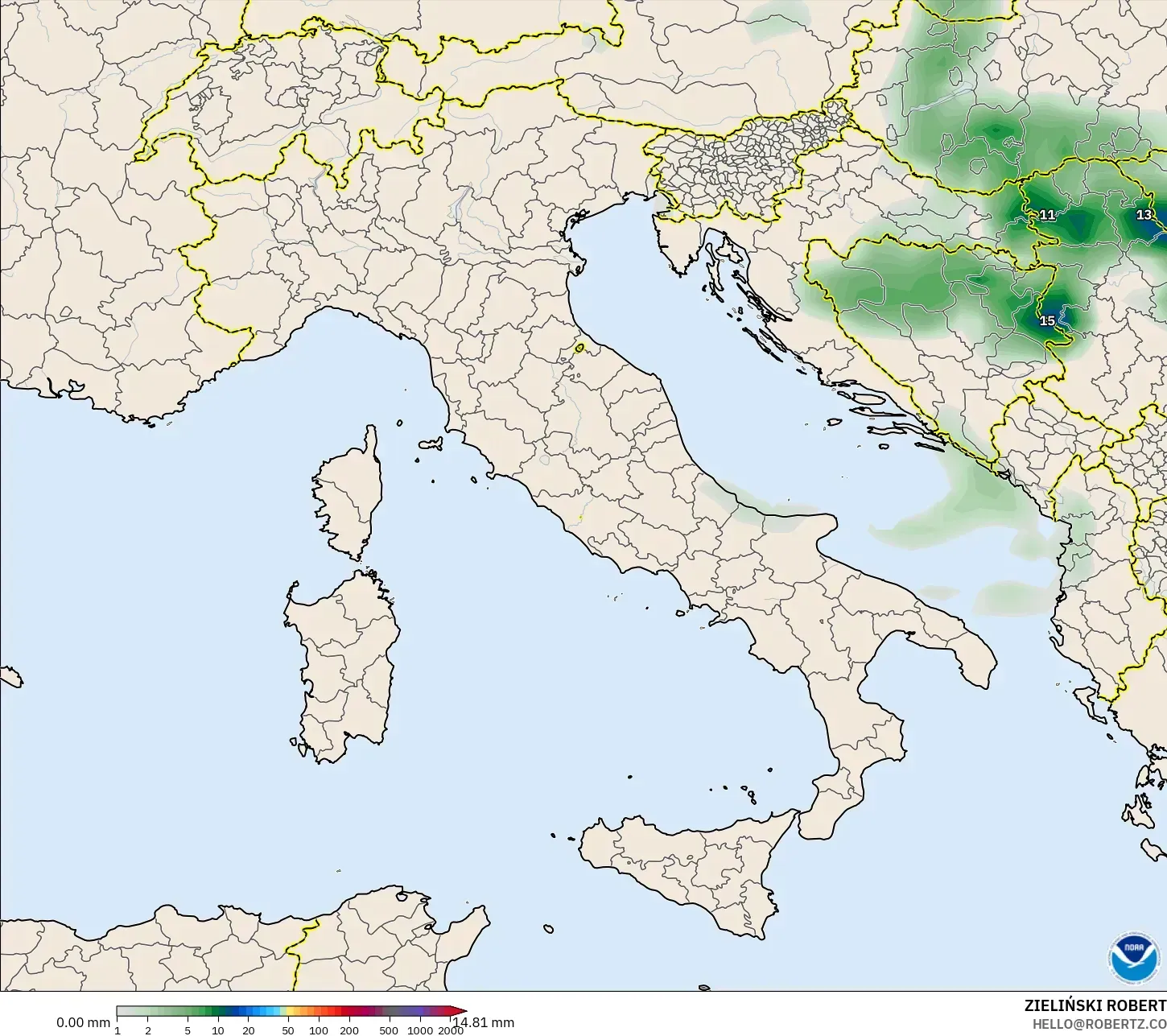 GFS モデル - イタリア, 降水量の合計