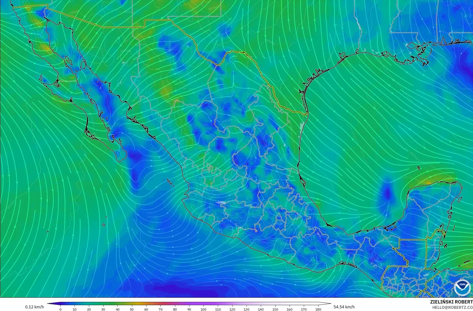 GFS モデル - メキシコ, 風速（10m）