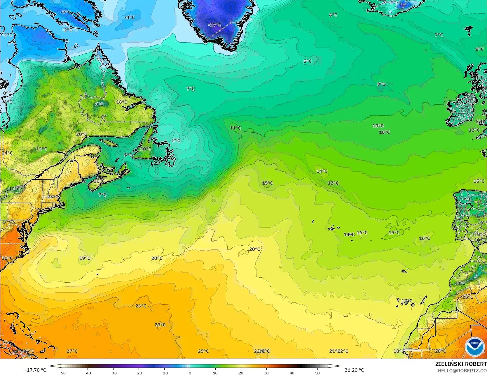 GFS モデル - 北大西洋, 気温（2m）