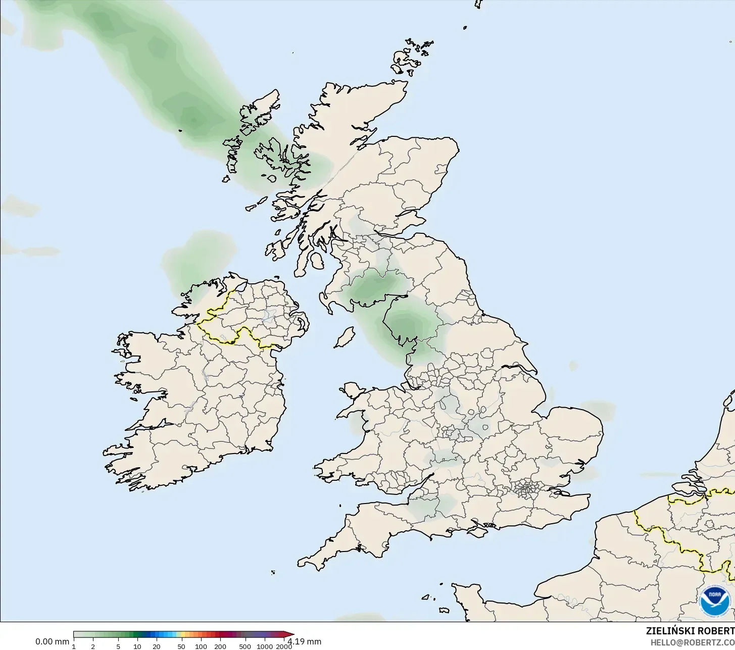 GFS モデル - イギリス, 降水量の合計