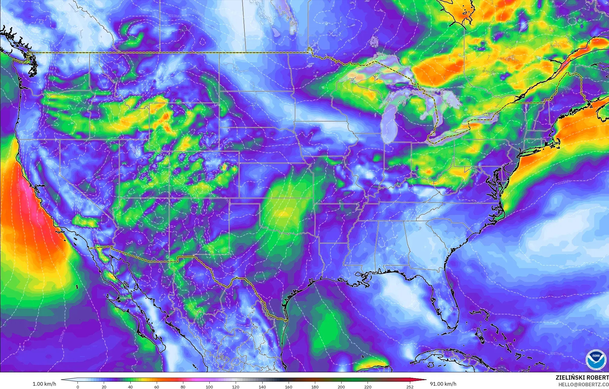 GFS モデル - アメリカ合衆国, 突風（最大）