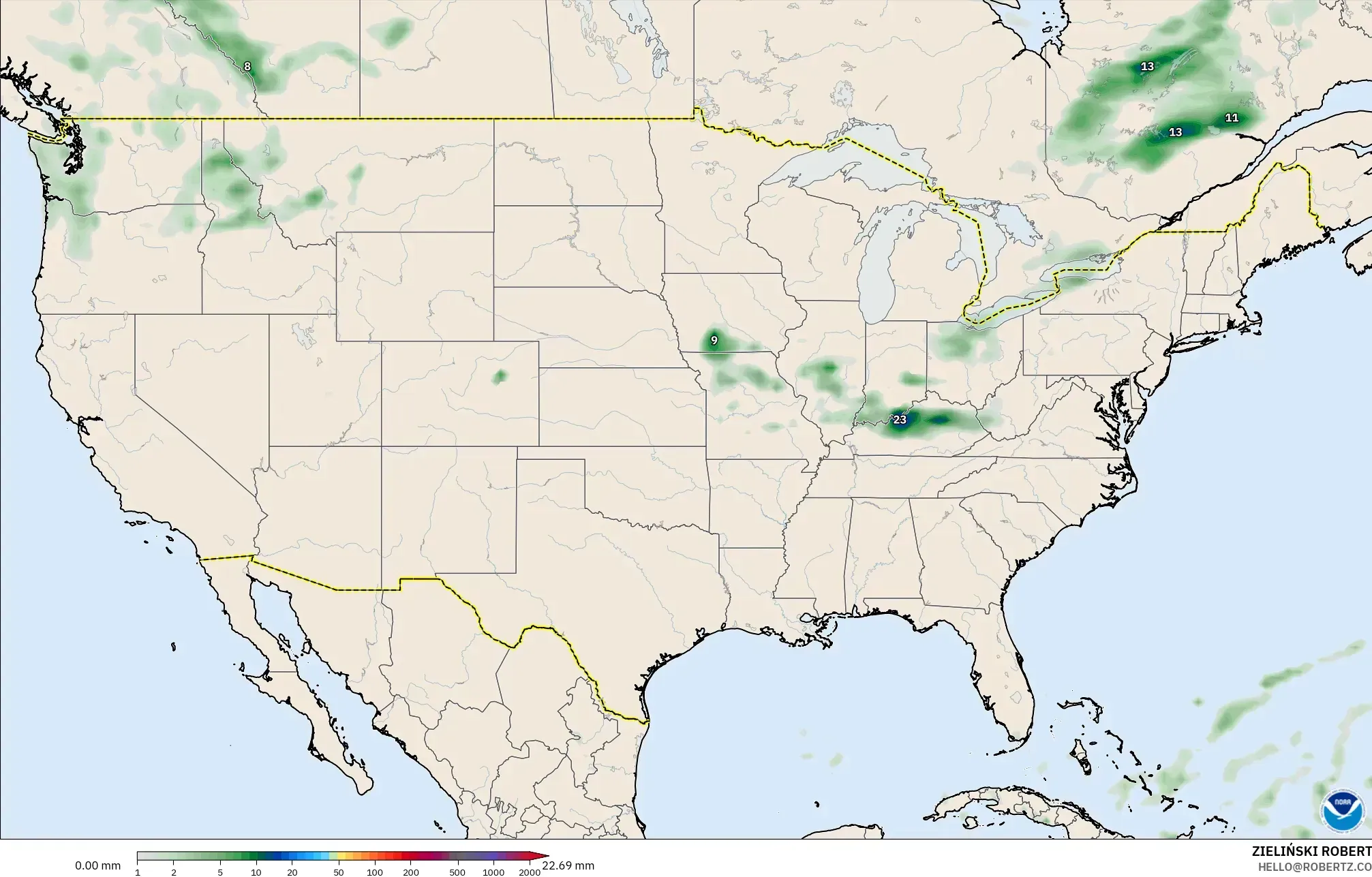 GFS モデル - アメリカ合衆国, 降水量の合計